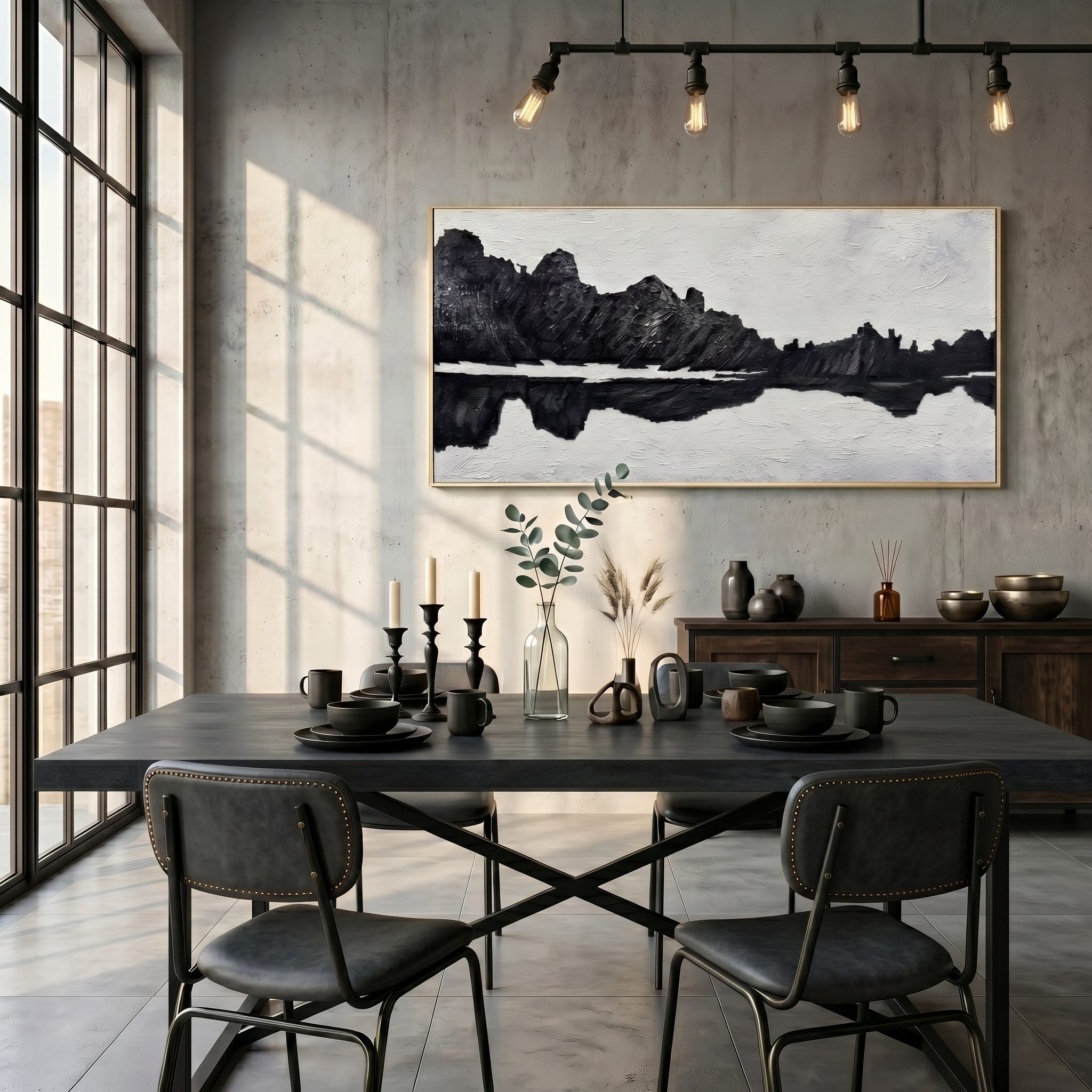 Silent Peaks – Black & White Minimalist Impasto Mountain Reflection | Modern Wabi-Sabi Office Art