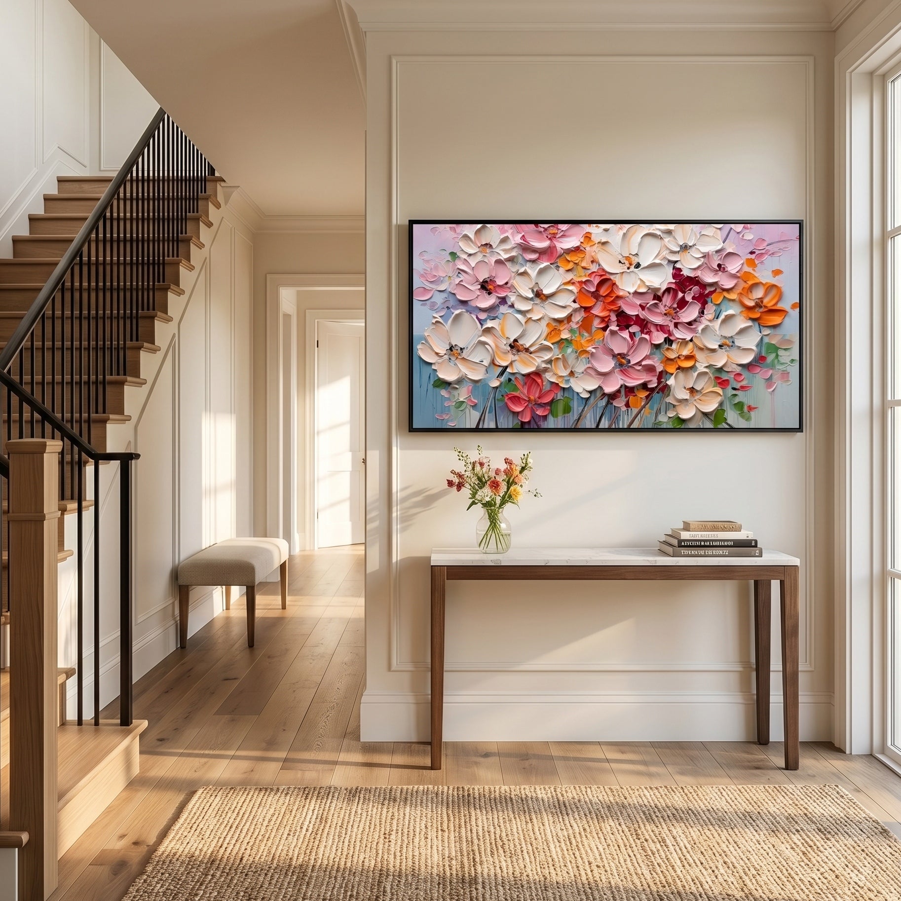 Petals in Poetry – Modern Impasto Floral Oil Painting | Textured Creamy Style Living Room Art