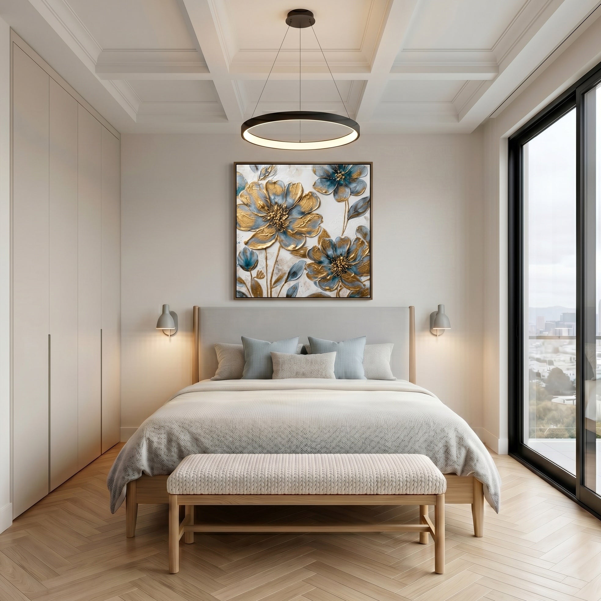 Gilded Azure – Modern Luxury Blue and Gold Impasto Floral Canvas | Elegant Entryway Wall Art