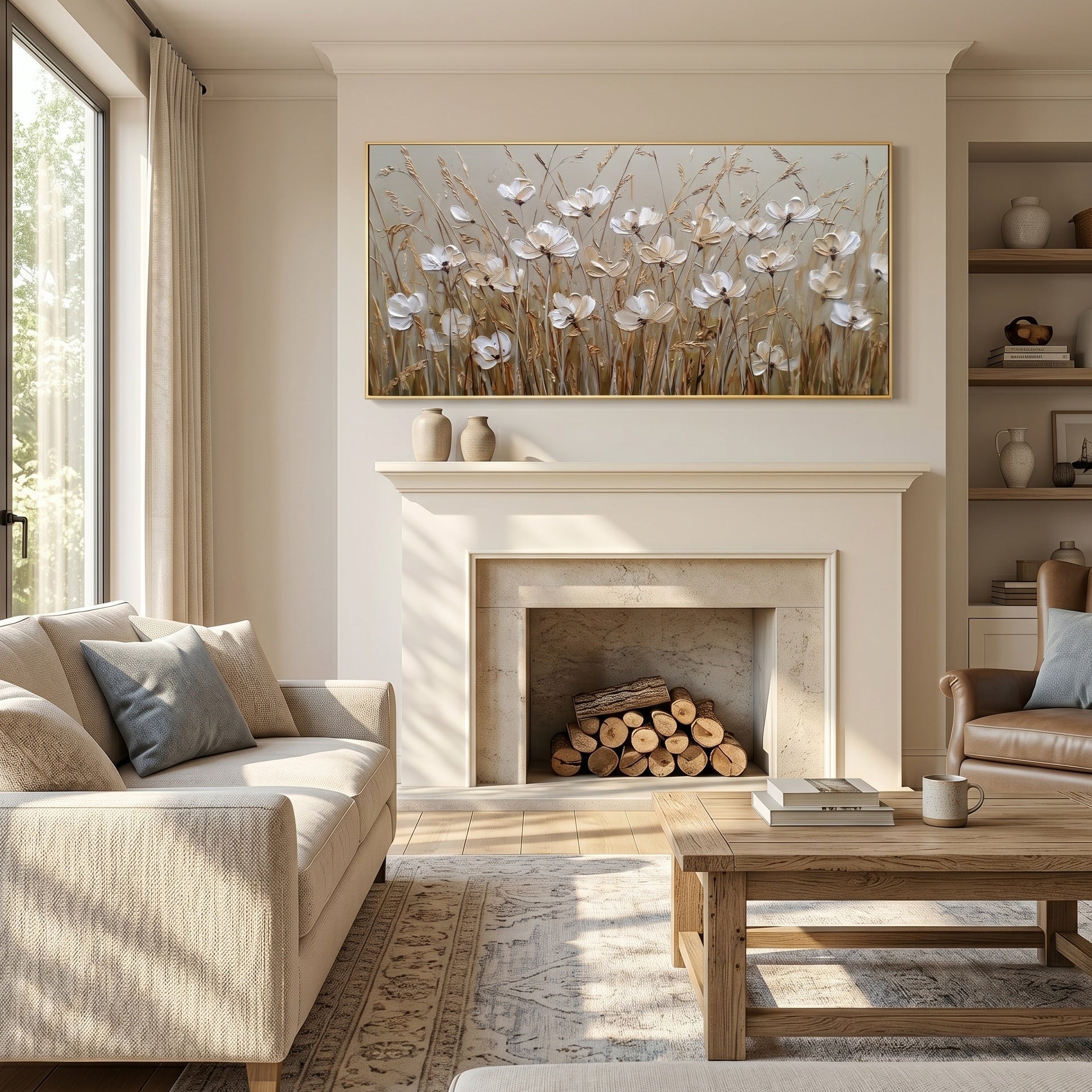 Autumn Whispers – Wabi-Sabi White Floral Earth Tone Impasto Canvas | Minimalist Living Room Wall Art
