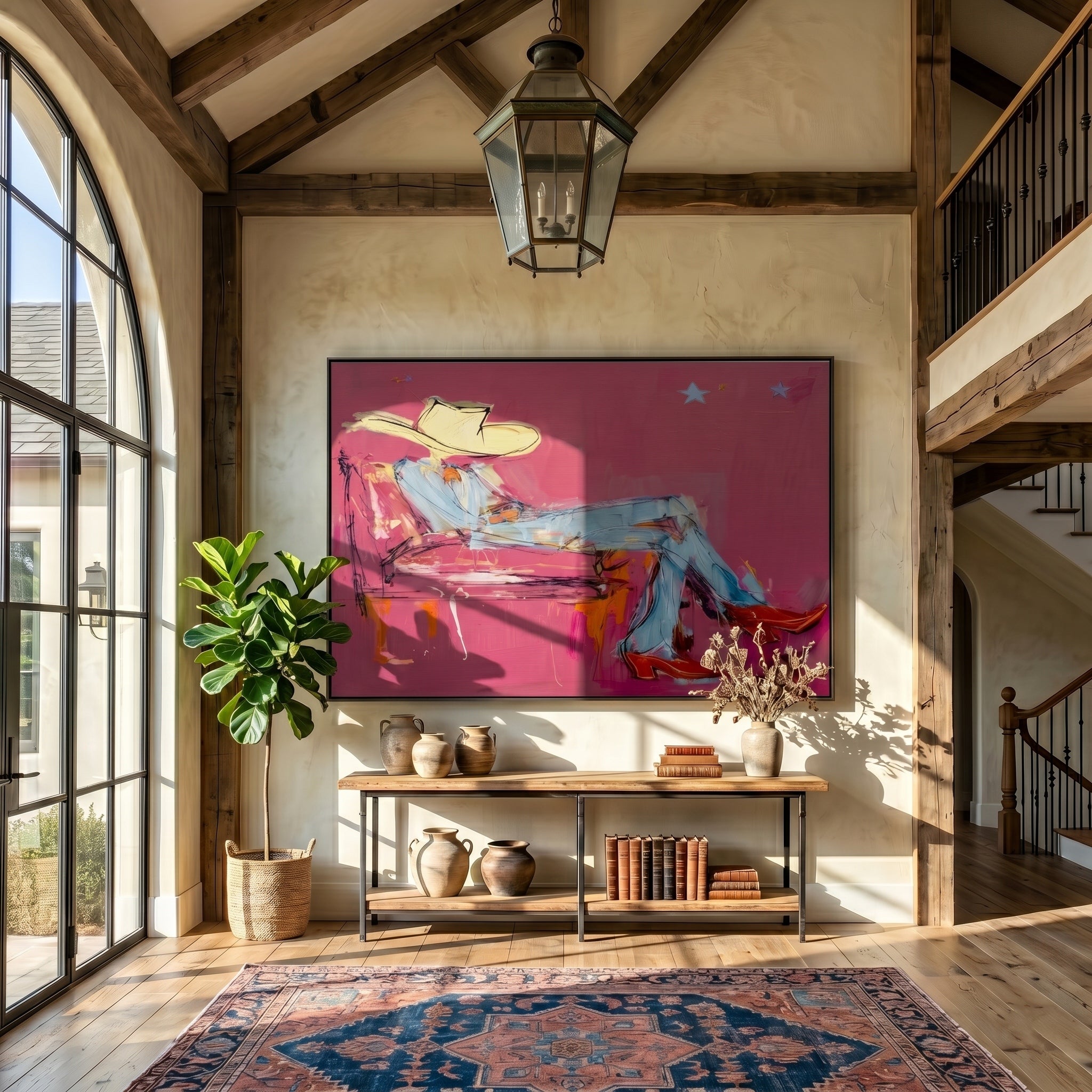 Neon Midnight Rider – Pop Art Pink Cowboy & Red Boots Painting | Avant-Garde Eclectic Living Room Art
