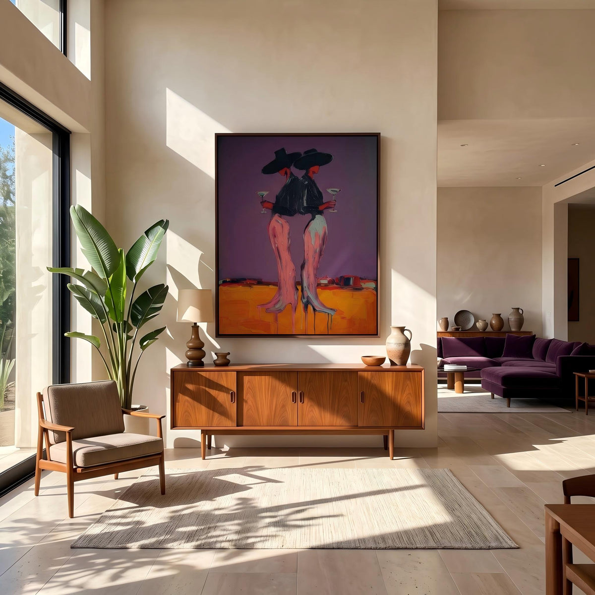 Two Cowgirls After Sunset – Pop Art Western Women Painting | Bold Purple Vertical Wall Art