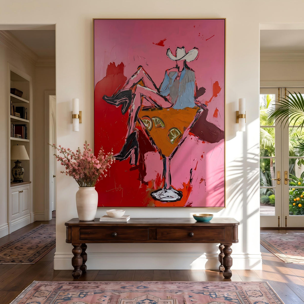 Two Cowgirls Leave Town – Pop Art Cowgirl Road Trip Painting | Pink Vertical Wall Art