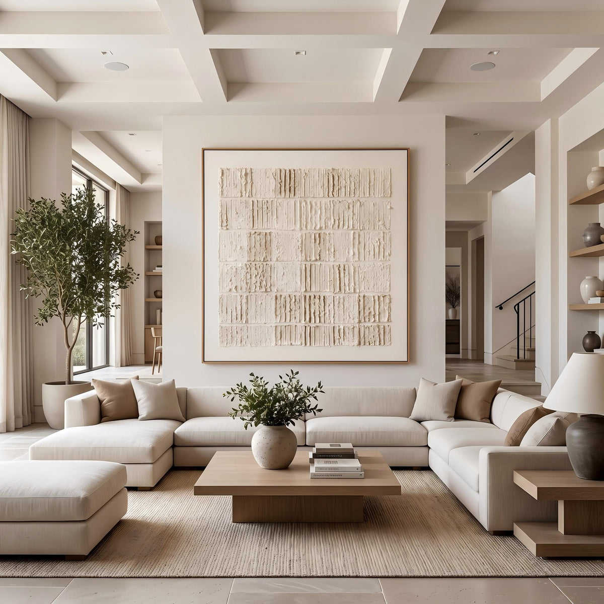 Quiet Blocks Hold Light – Cream Geometric Relief Painting | Wabi-Sabi Square Wall Art