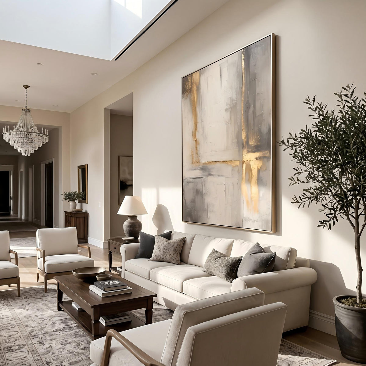 Gilded Lines Through Stone – Neutral Gold Abstract Painting | Contemporary Vertical Wall Art