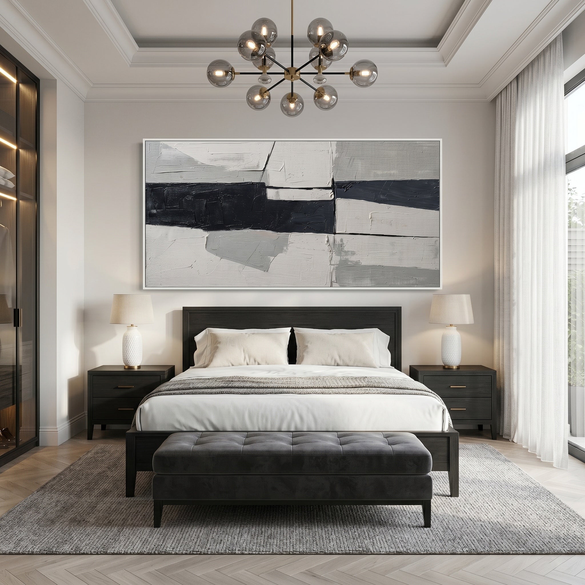 Geometric Edge – Modern Minimalist Black & White Abstract Oil Painting | Structural Color Block Office Art