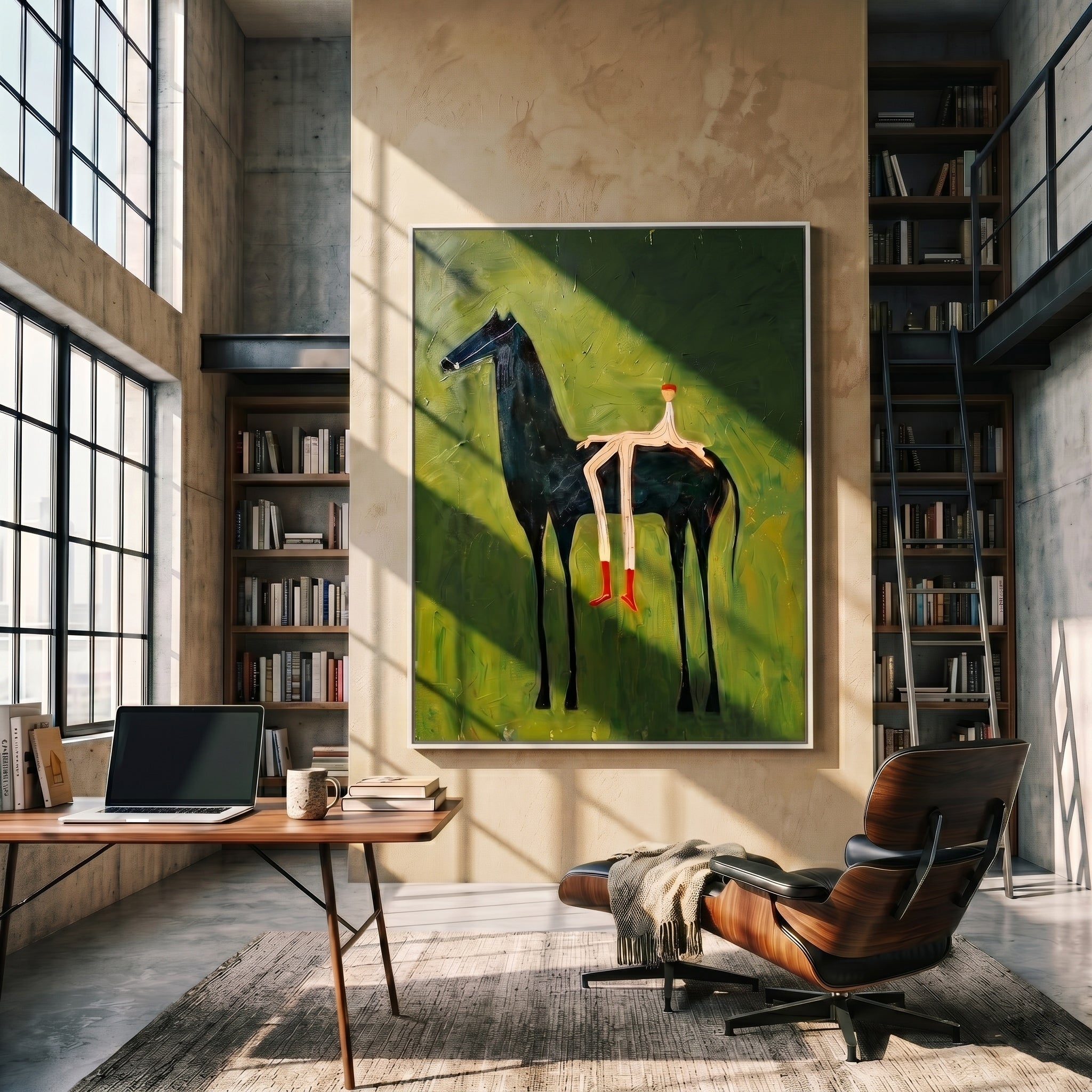 The Solitary Dreamer – Surrealistic Black Horse & Red Boots Painting |