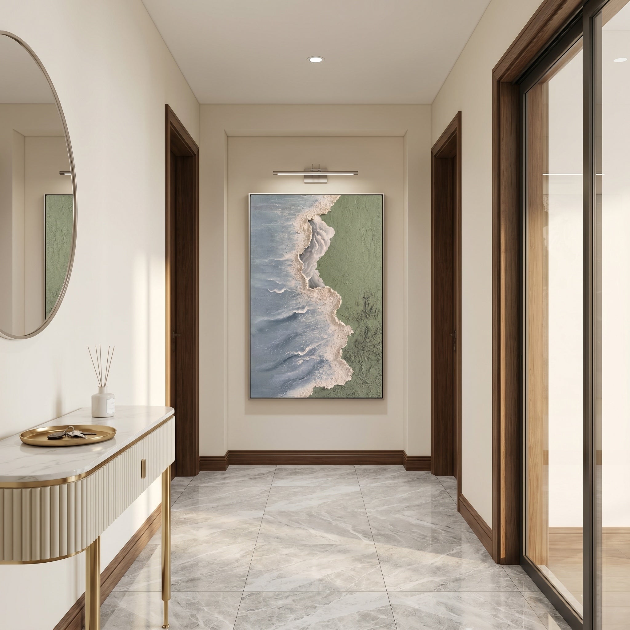 Echoes of the Shore – Wabi-Sabi Sage Green Heavy Textured Waves | Minimalist Abstract Entryway Art