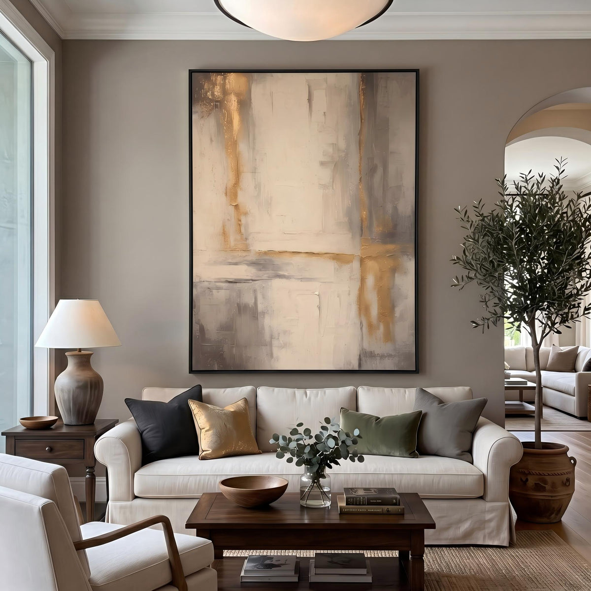 Gilded Lines Through Stone – Neutral Gold Abstract Painting | Contemporary Vertical Wall Art