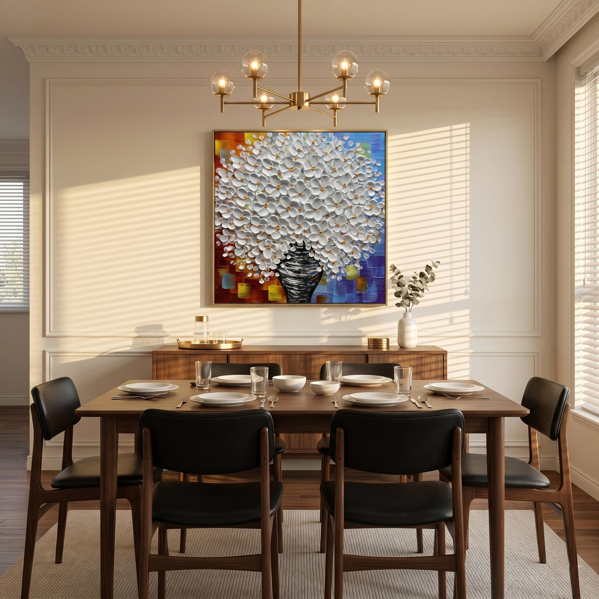Ode to Blossoms – Modern Colorful Impasto White Floral Canvas | Vibrant Living Room Wall Art