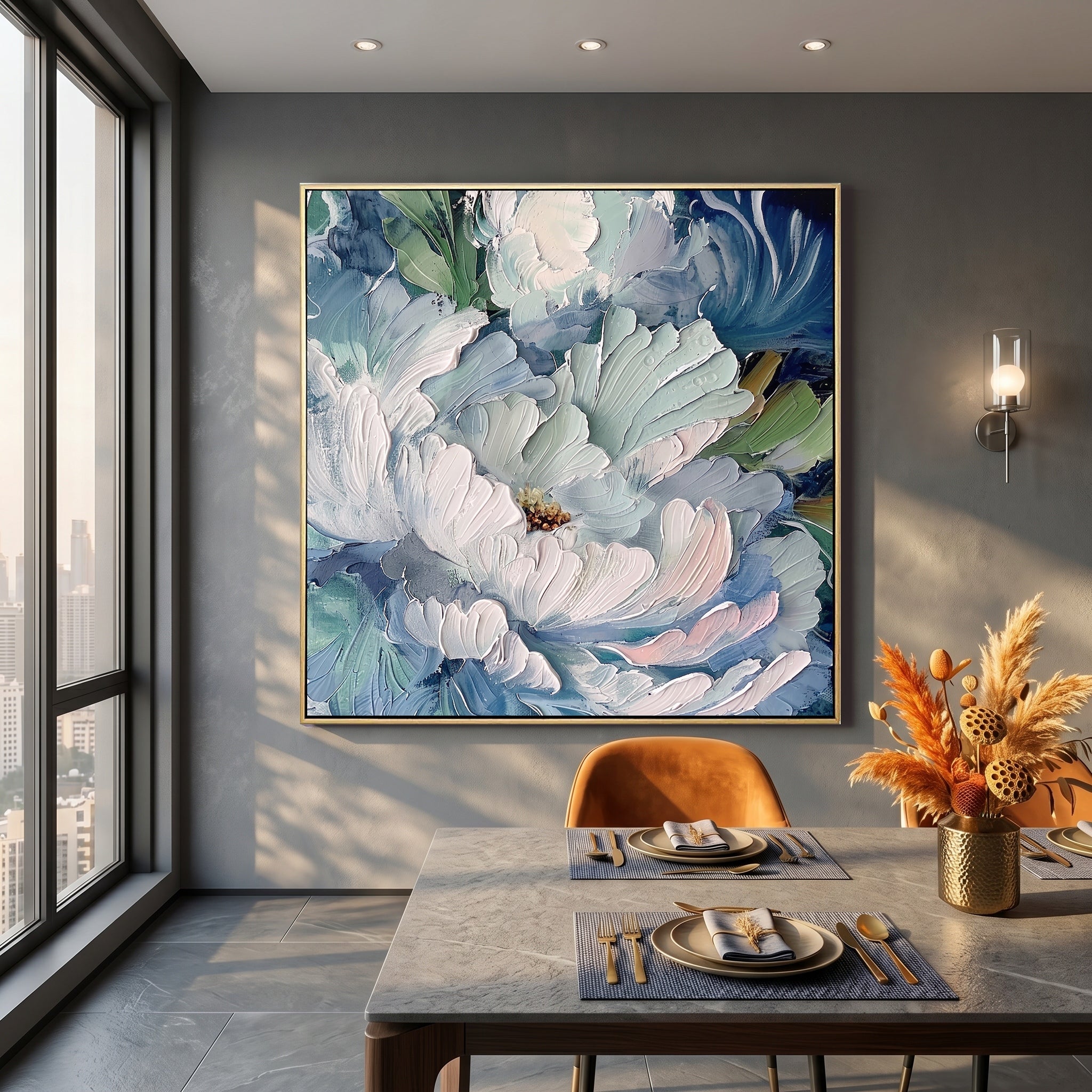 Glacial Bloom – Modern Impasto Floral Oil Painting | Creative Muted Blue & Teal Textured Hallway Art