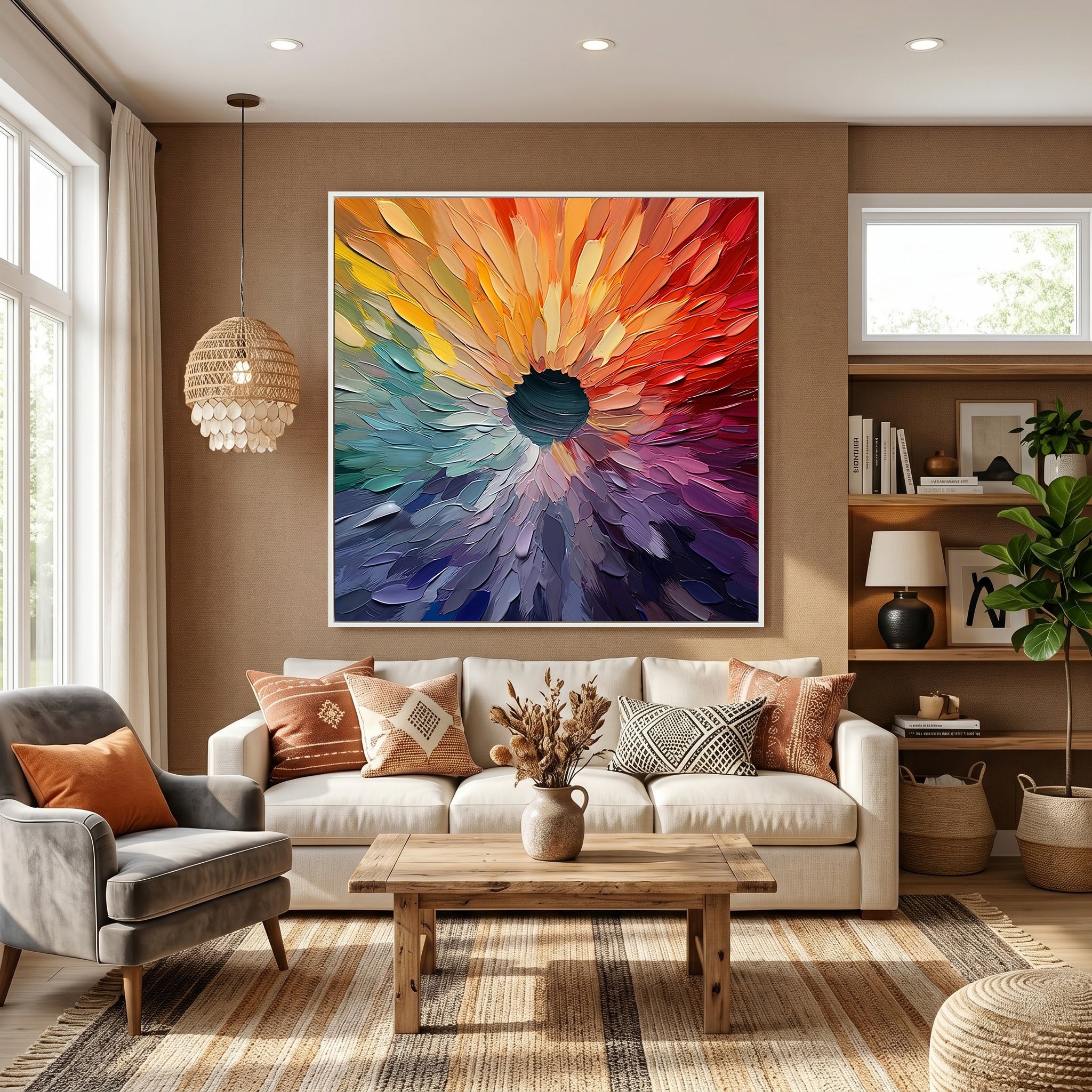 Rainbow Singularity – Modern Impasto Centripetal Abstract Oil Painting | Creative Textured Spectrum Entryway Art