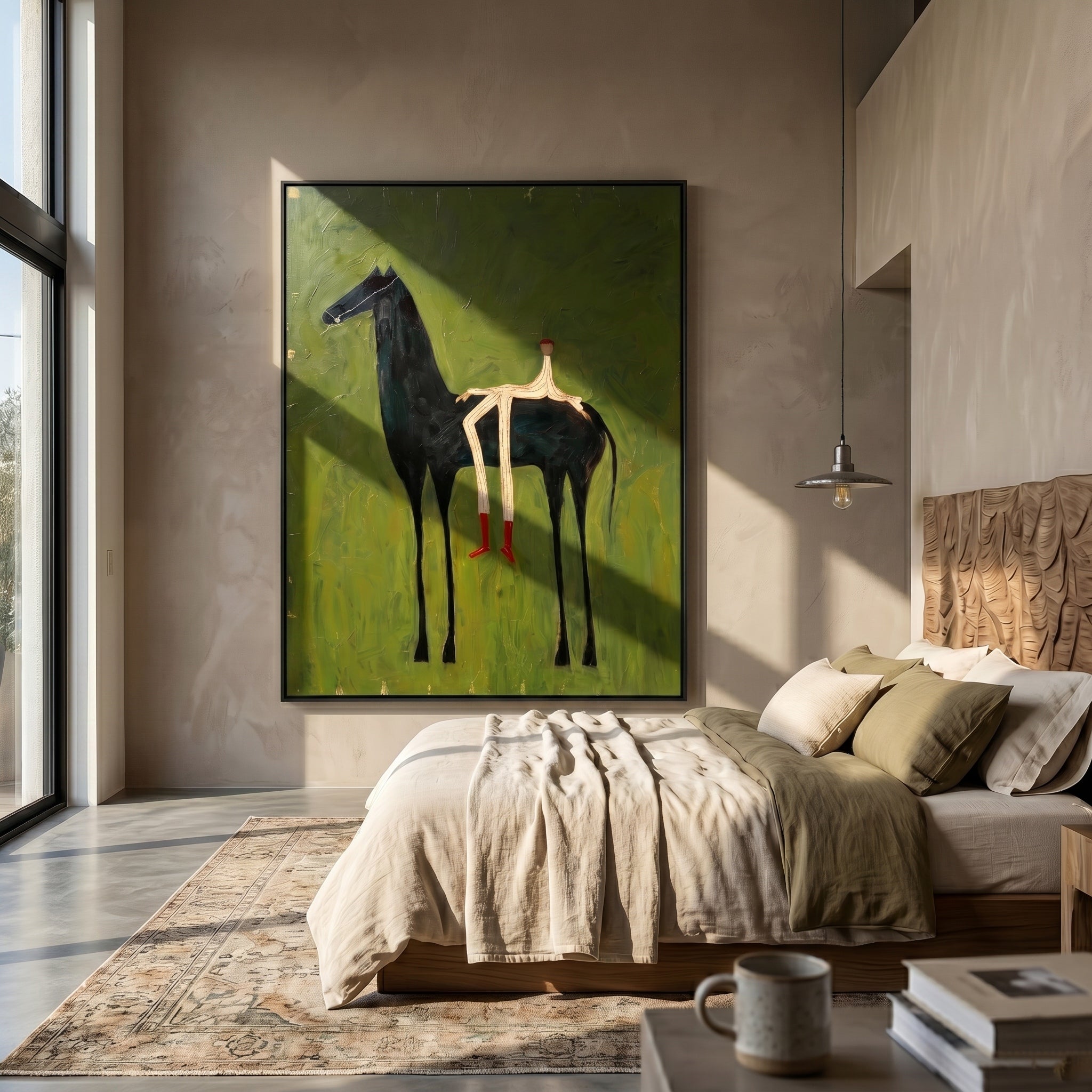The Solitary Dreamer – Surrealistic Black Horse & Red Boots Painting | Modern Minimalist Living Room Art