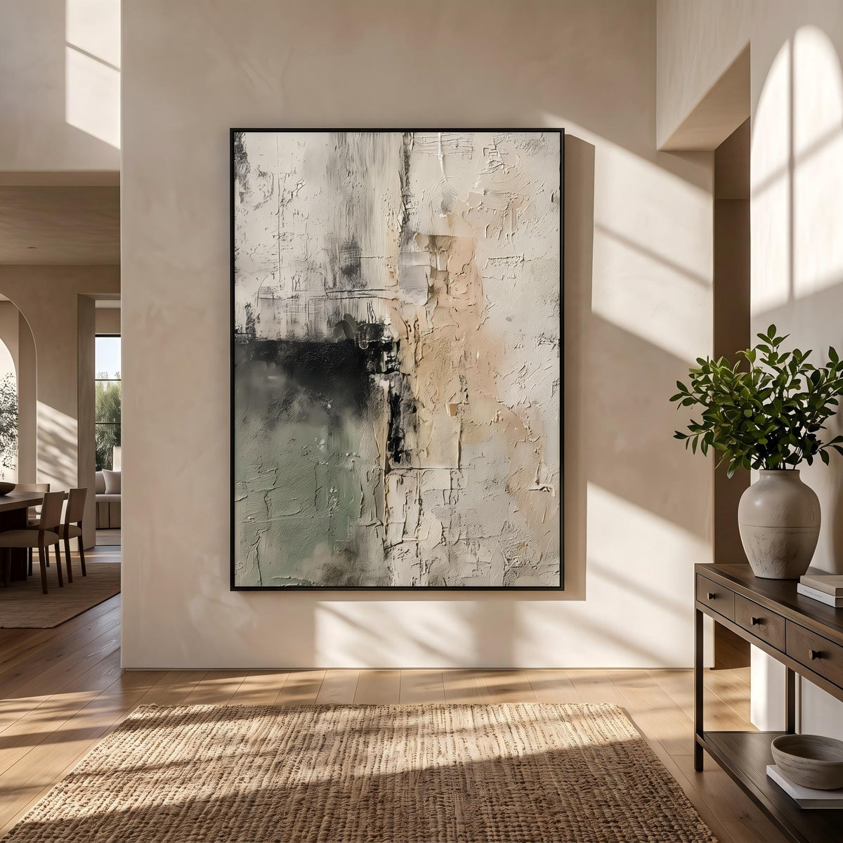 Sage Weathered Passage – Green Beige Wabi-Sabi Abstract Painting | Vertical Wall Art