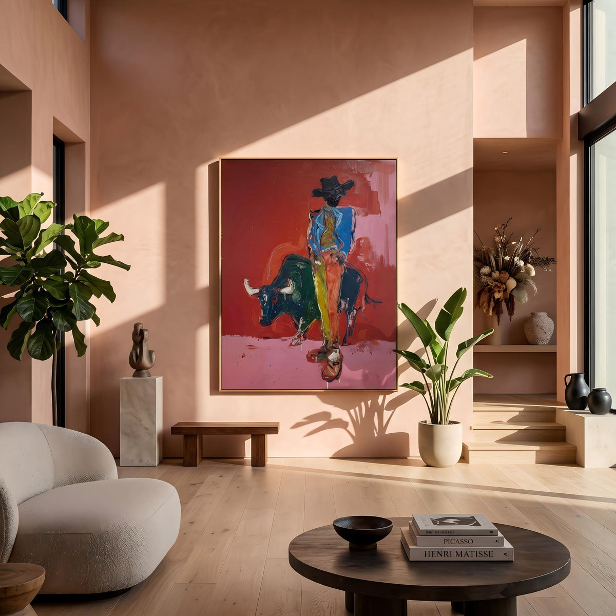 Blue Rider Meets Bull – Pop Art Bull Rider Painting | Bold Pink Vertical Wall Art