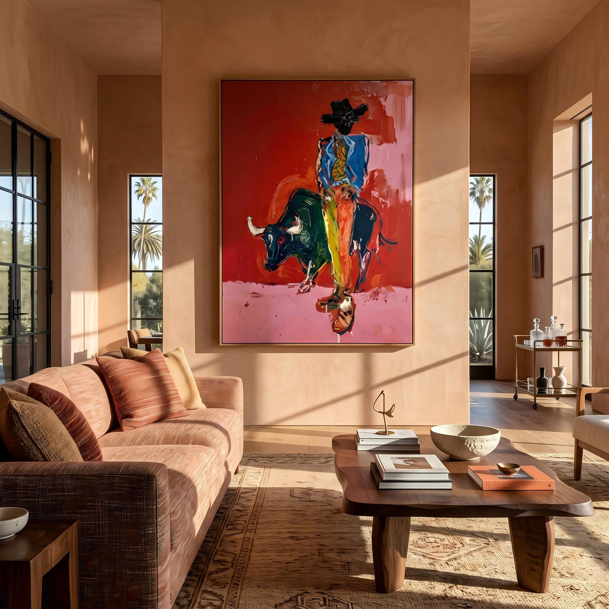 Blue Rider Meets Bull – Pop Art Bull Rider Painting | Bold Pink Vertical Wall Art