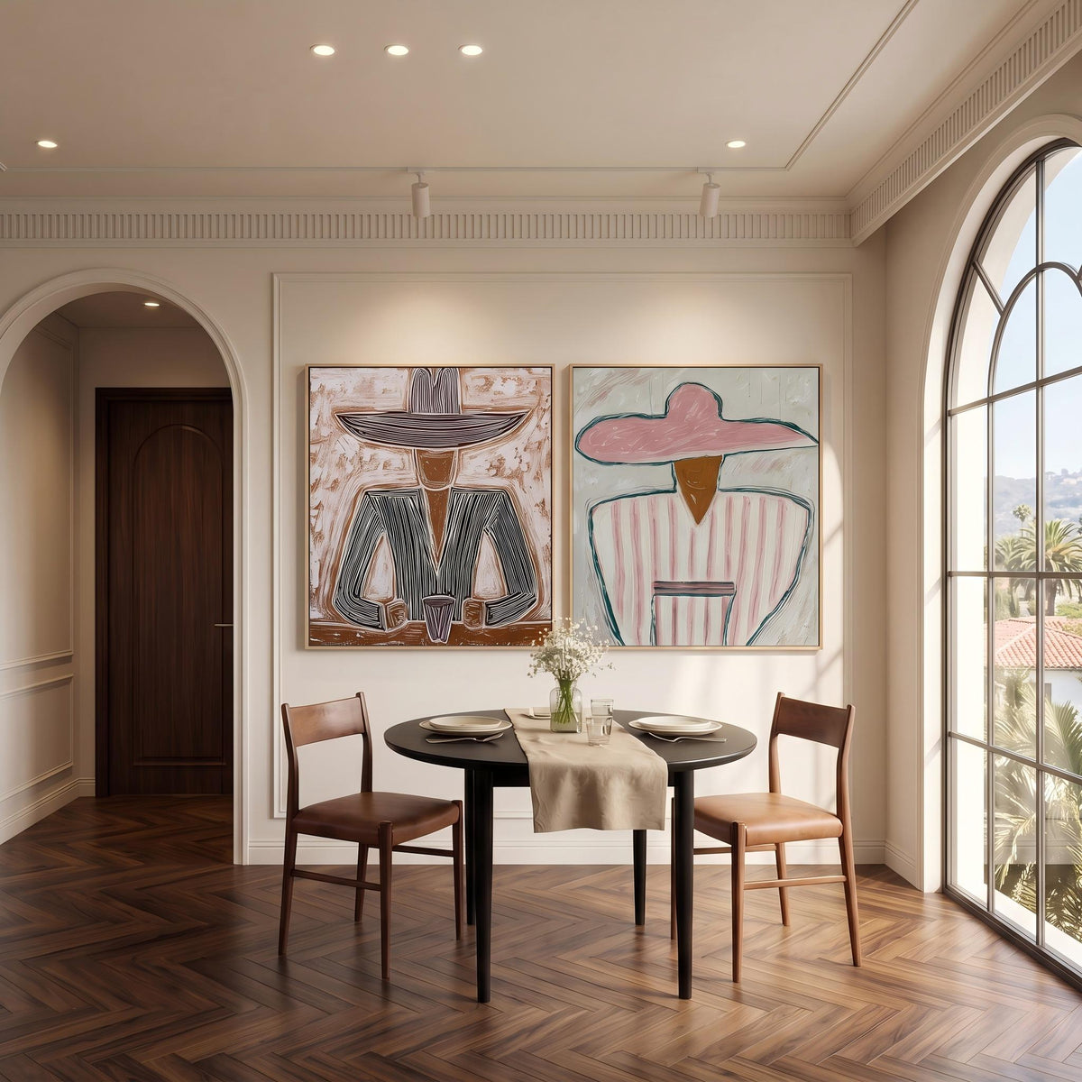 Striped Hats Face West – Cowboy and Cowgirl Diptych | Vintage Americana Square Wall Art