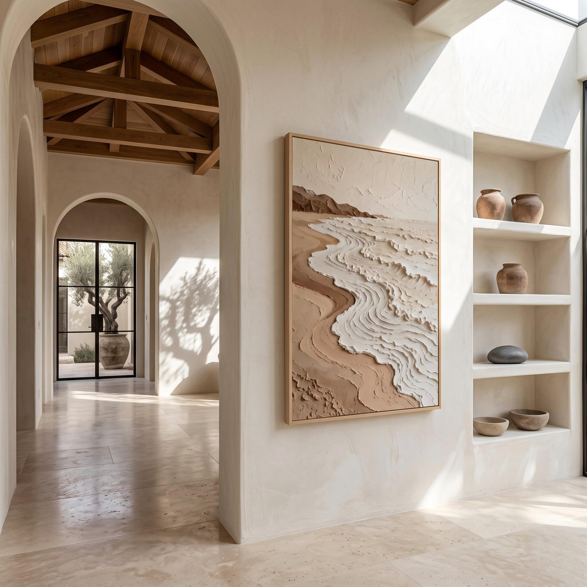 Shorelines Etched in Cream – Neutral Contour Abstract Painting | Textured Vertical Wall Art