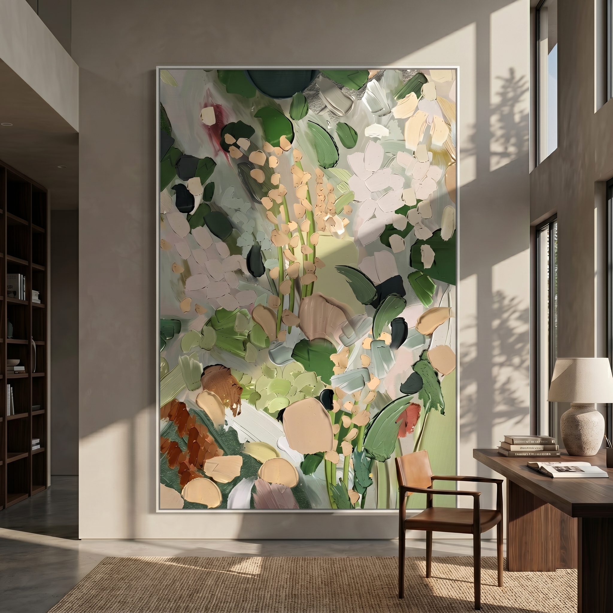 The Secret Garden – Modern Sage Green Impasto Floral Painting | Organic Living Room Vertical Canvas Art