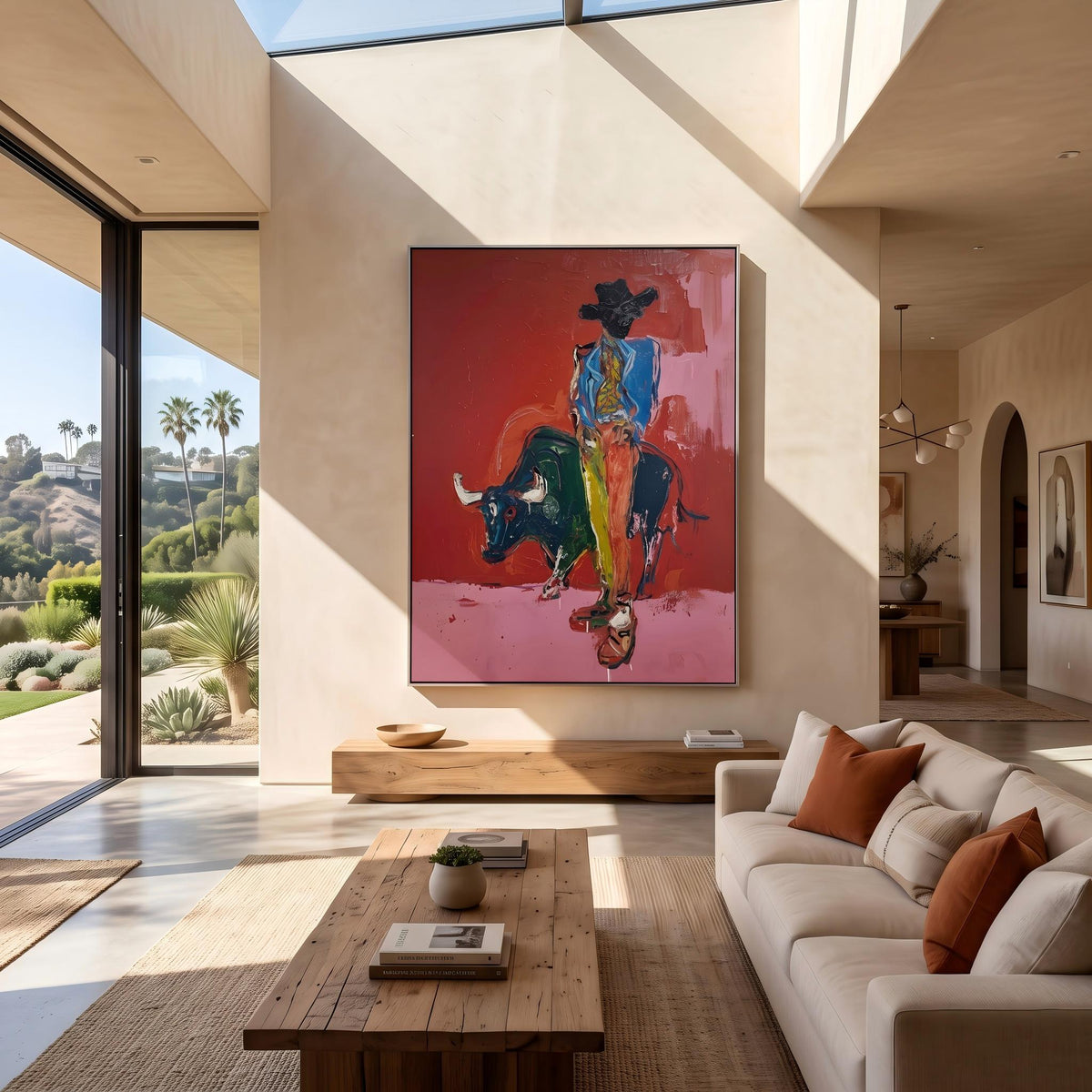 Blue Rider Meets Bull – Pop Art Bull Rider Painting | Bold Pink Vertical Wall Art