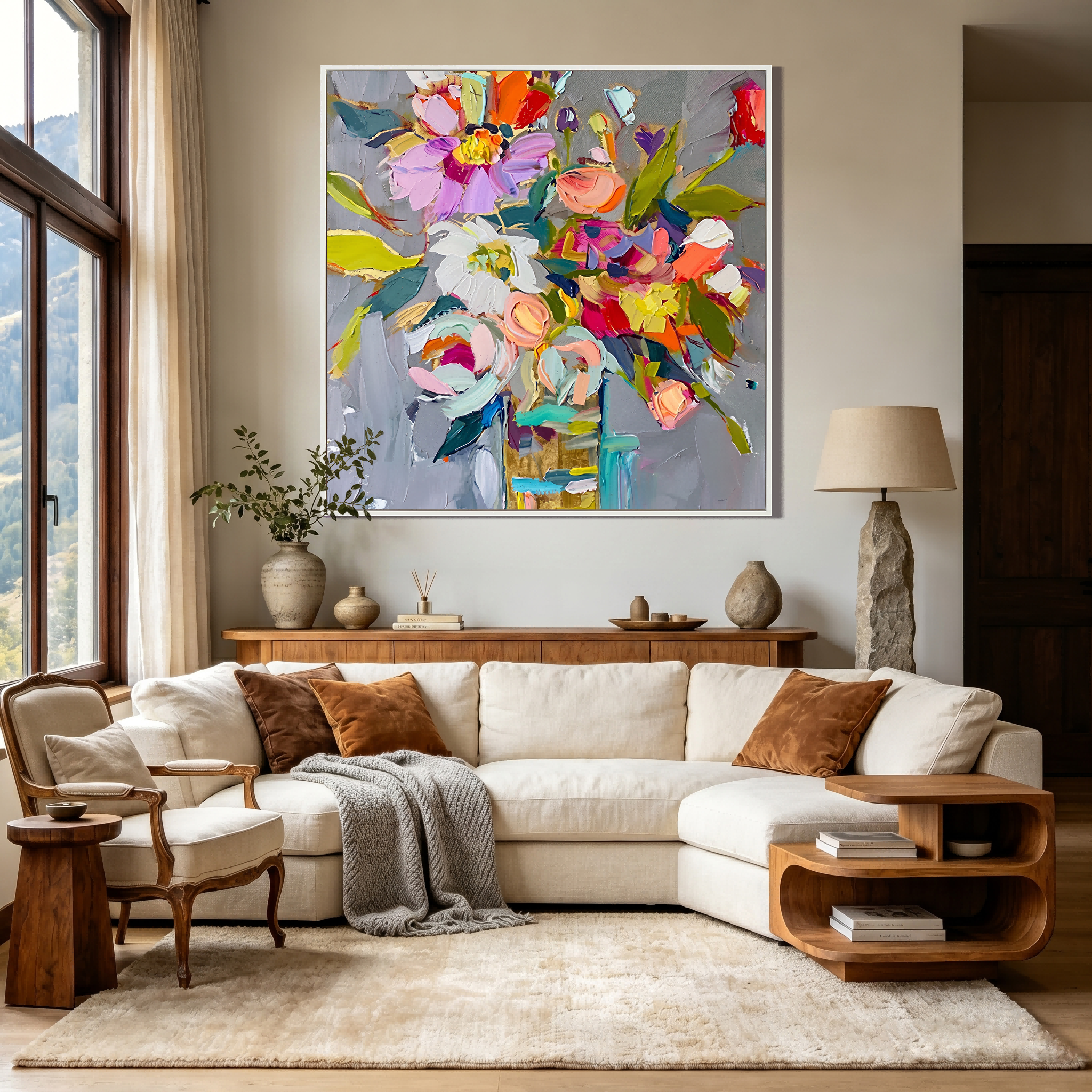 Vibrant Rhapsody – Modern Colorful Abstract Floral Oil Painting | Creative Textured Bedroom Art