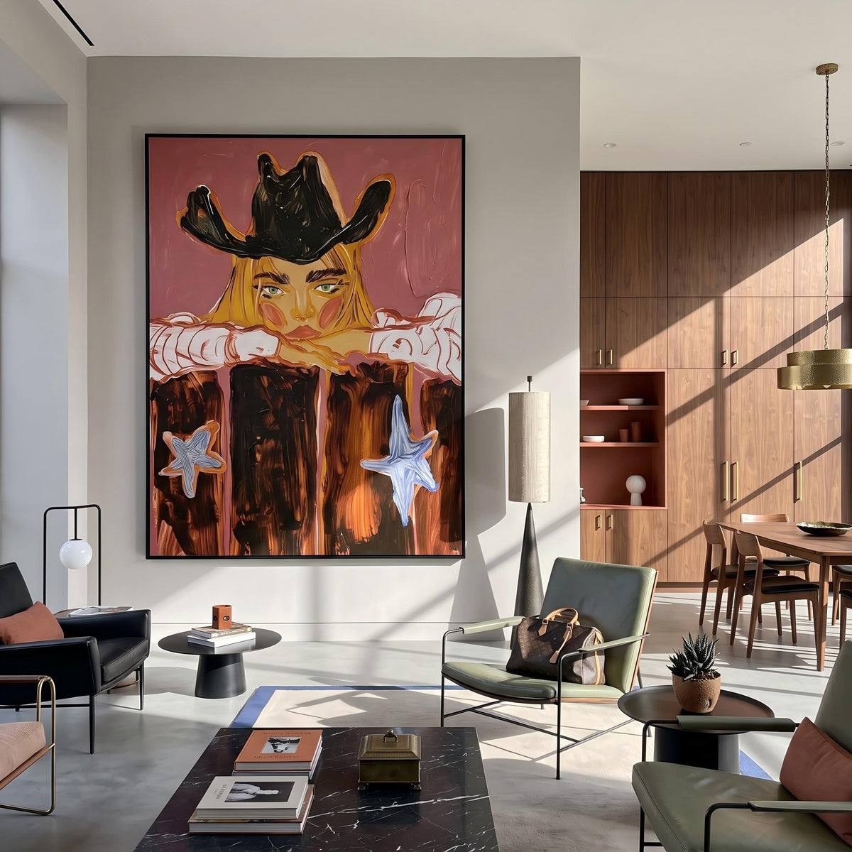 Cowboy Leans Through Sunset – Pop Art Western Figure Painting | Warm Red Vertical Wall Art