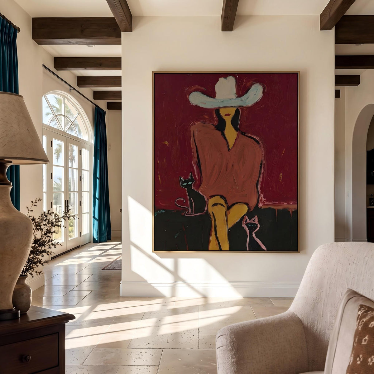 White Hat With Companions – Pop Art Cowboy and Pets Painting | Bold Red Vertical Wall Art
