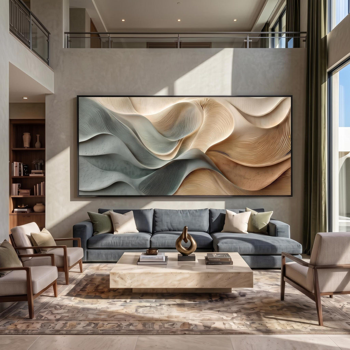 Tides Fold Into Sand – Blue Beige Sculptural Abstract Painting | Textured Horizontal Wall Art