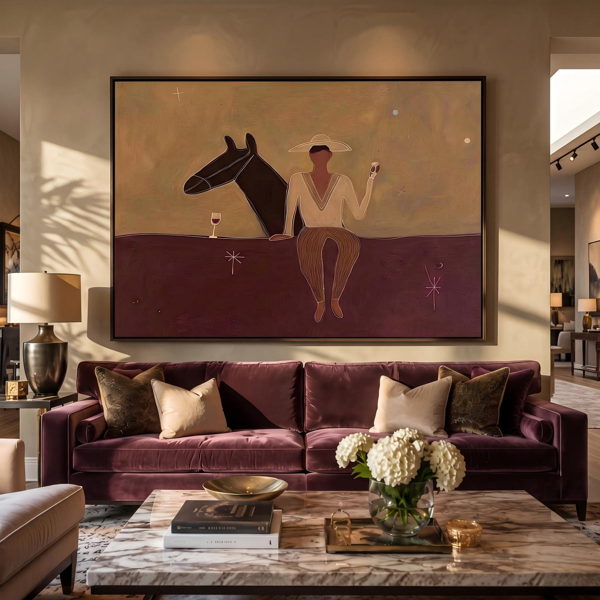 Rider Resting on Chestnut – Minimalist Cowboy Horse Painting | Warm Horizontal Western Wall Art