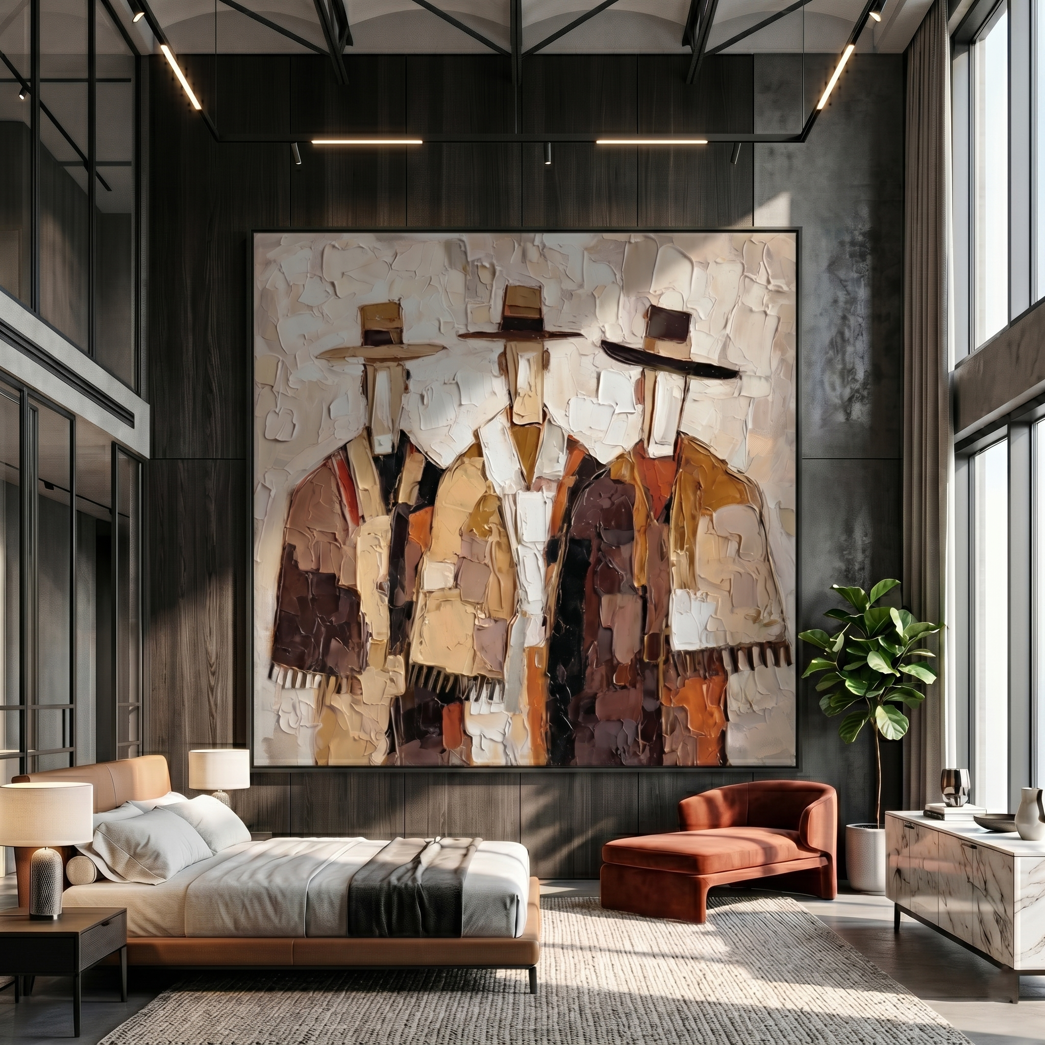 The Quiet Assembly – Mid-Century Neo-Expressionist Figures Heavy Impasto Painting | Earth Tone Palette Knife Abstract Portrait Canvas for Modern Living Room & Study