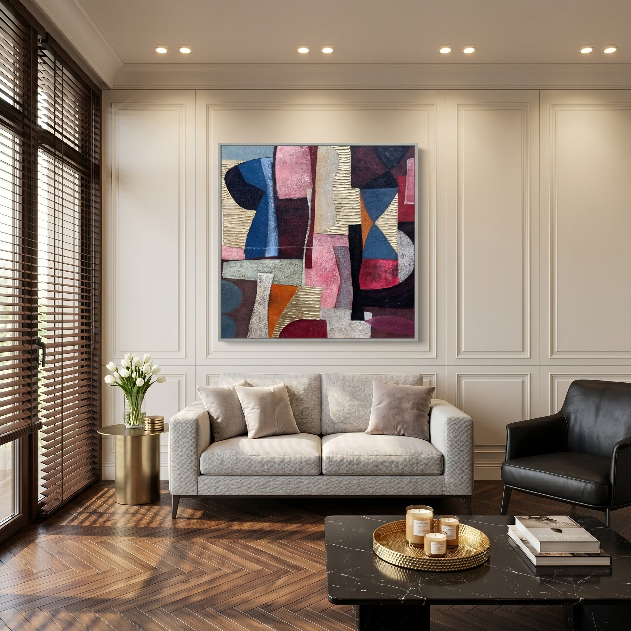 Tactile Geometry – Mid-Century Retro Geometric Plaster Textured Canvas | Modern Vintage Living Room Wall Art