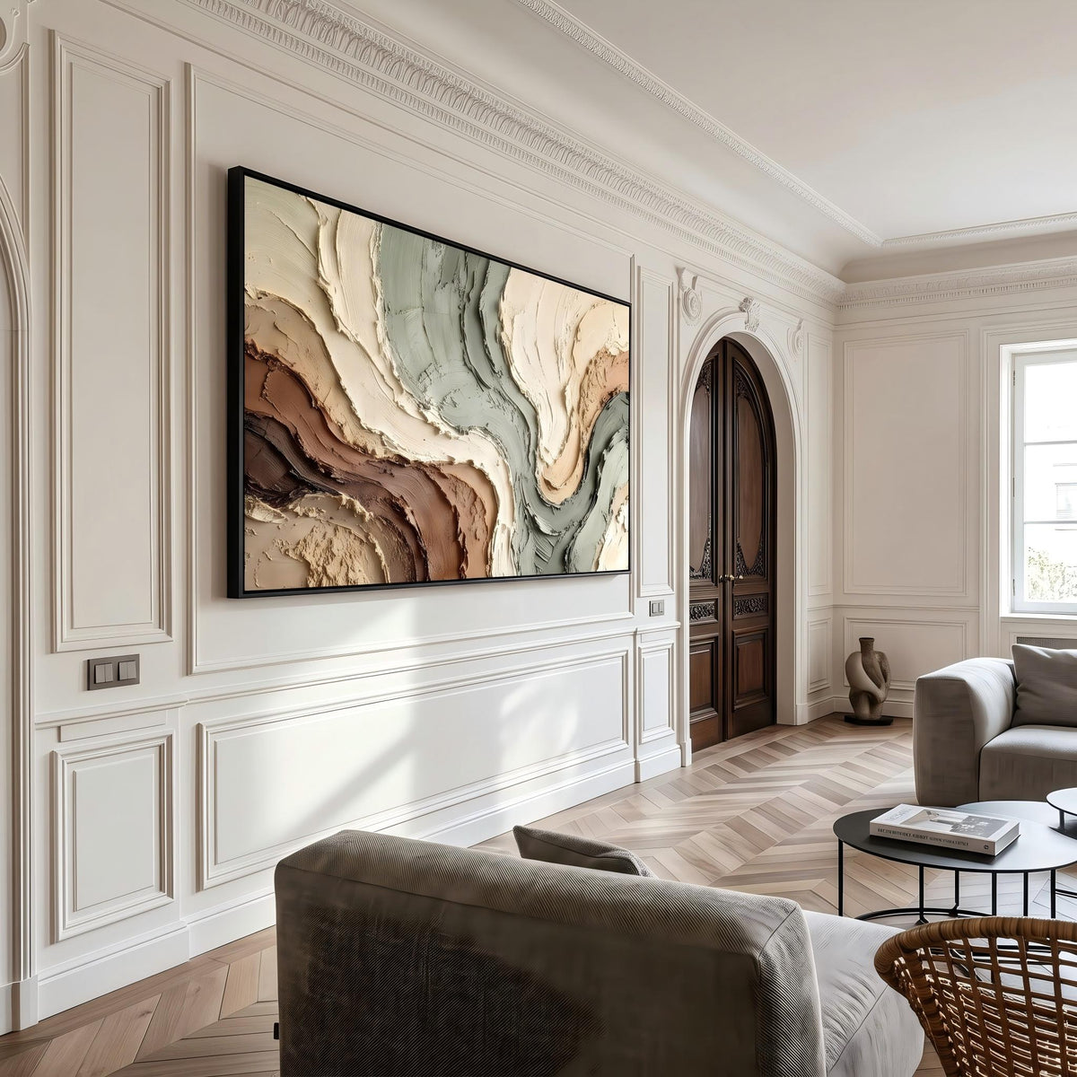 Earth Currents Unfold – Green Brown Layered Abstract Painting | Wabi-Sabi Horizontal Wall Art
