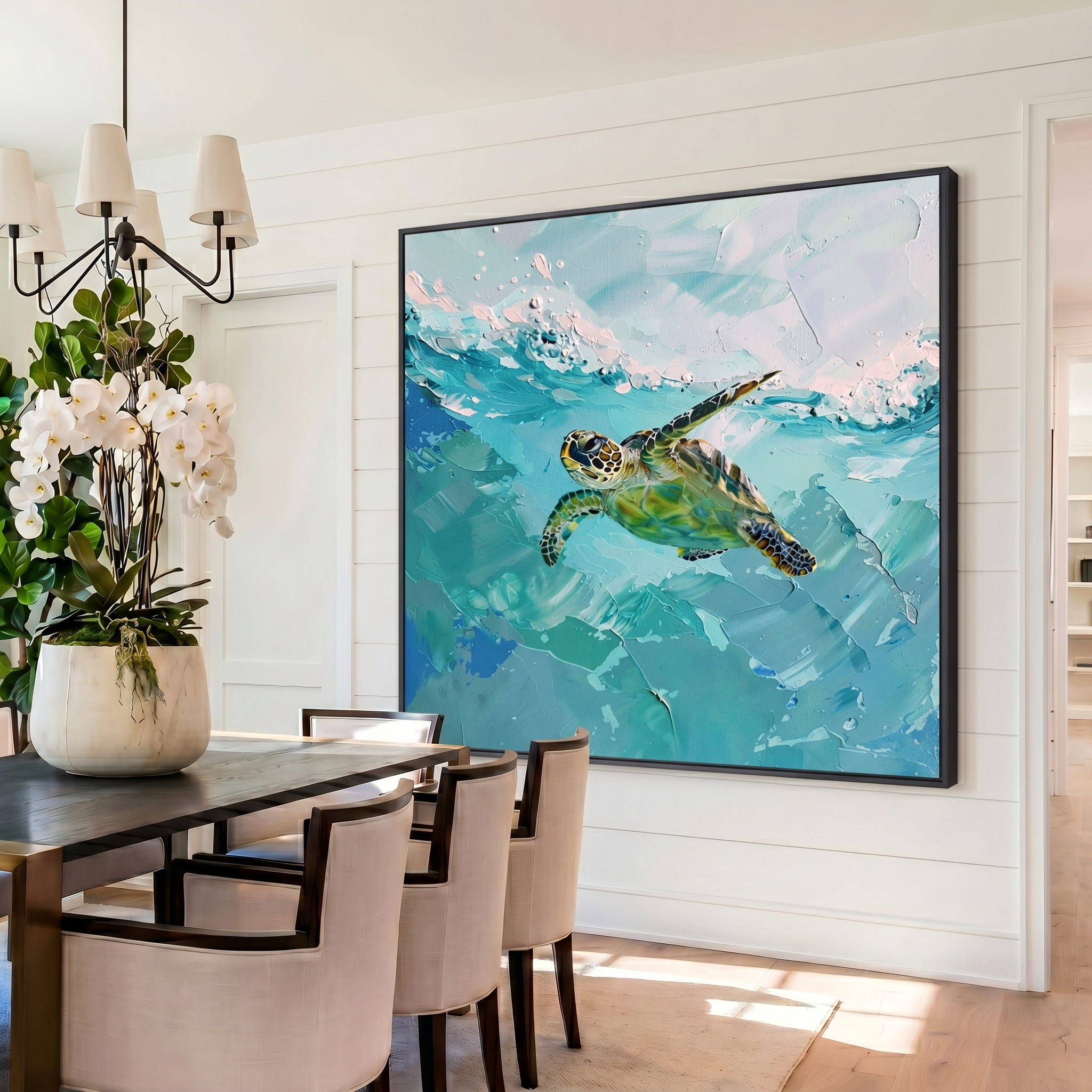 Azure Voyager – Modern 3D Heavy Impasto Sea Turtle Oil Painting | Ocean Themed Textured Hallway Decor