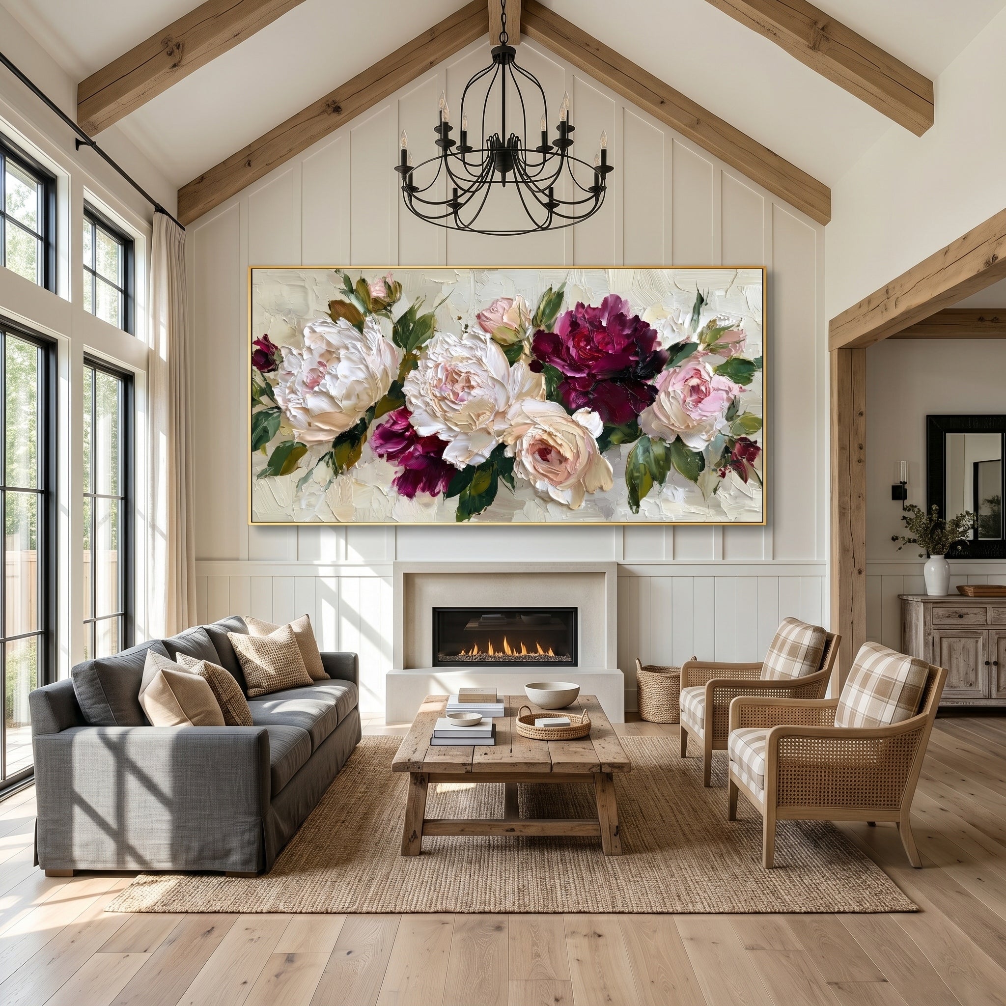 Velvet Kiss – Modern Impasto Burgundy and Cream Peony Canvas | Luxury Romantic Living Room Art
