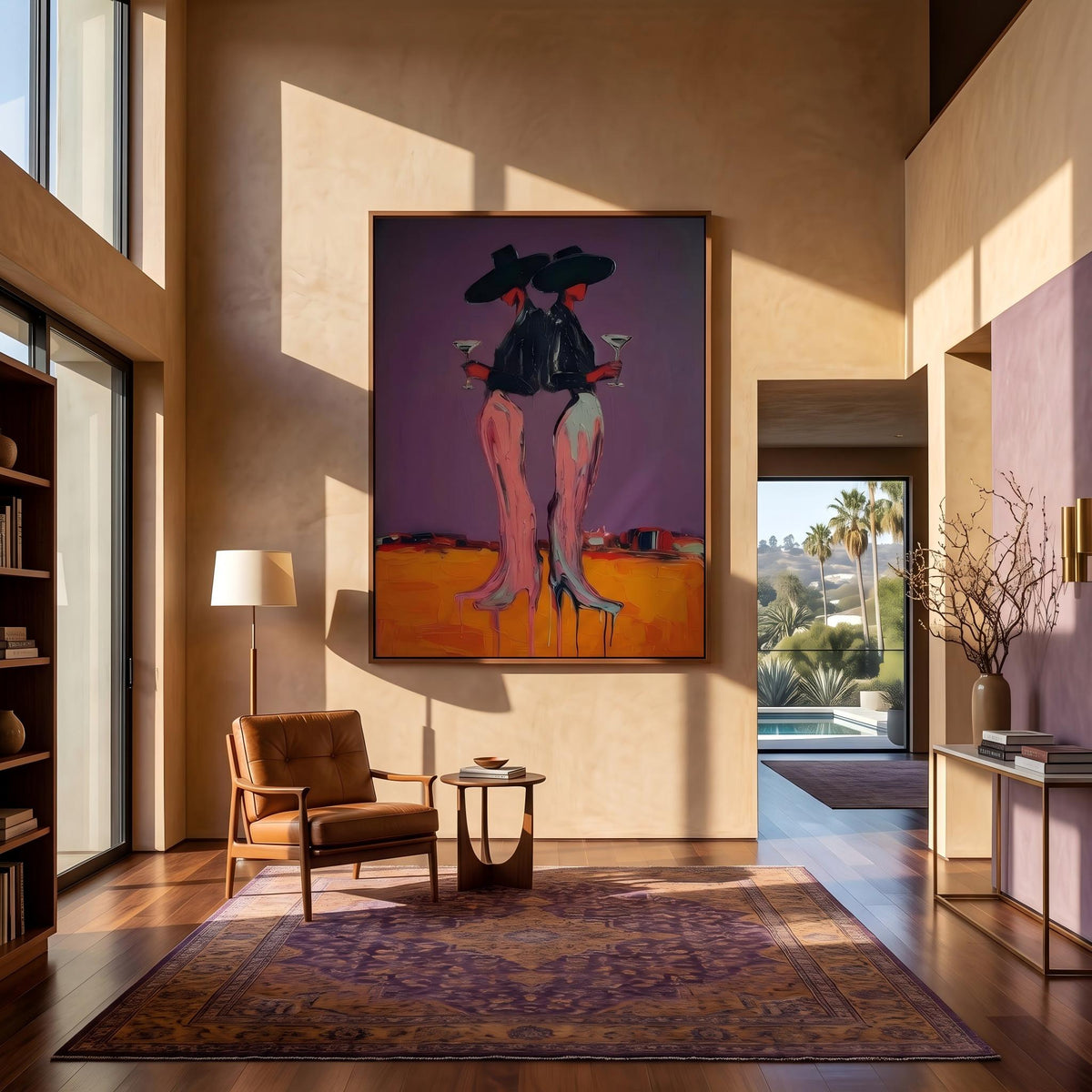 Two Cowgirls After Sunset – Pop Art Western Women Painting | Bold Purple Vertical Wall Art