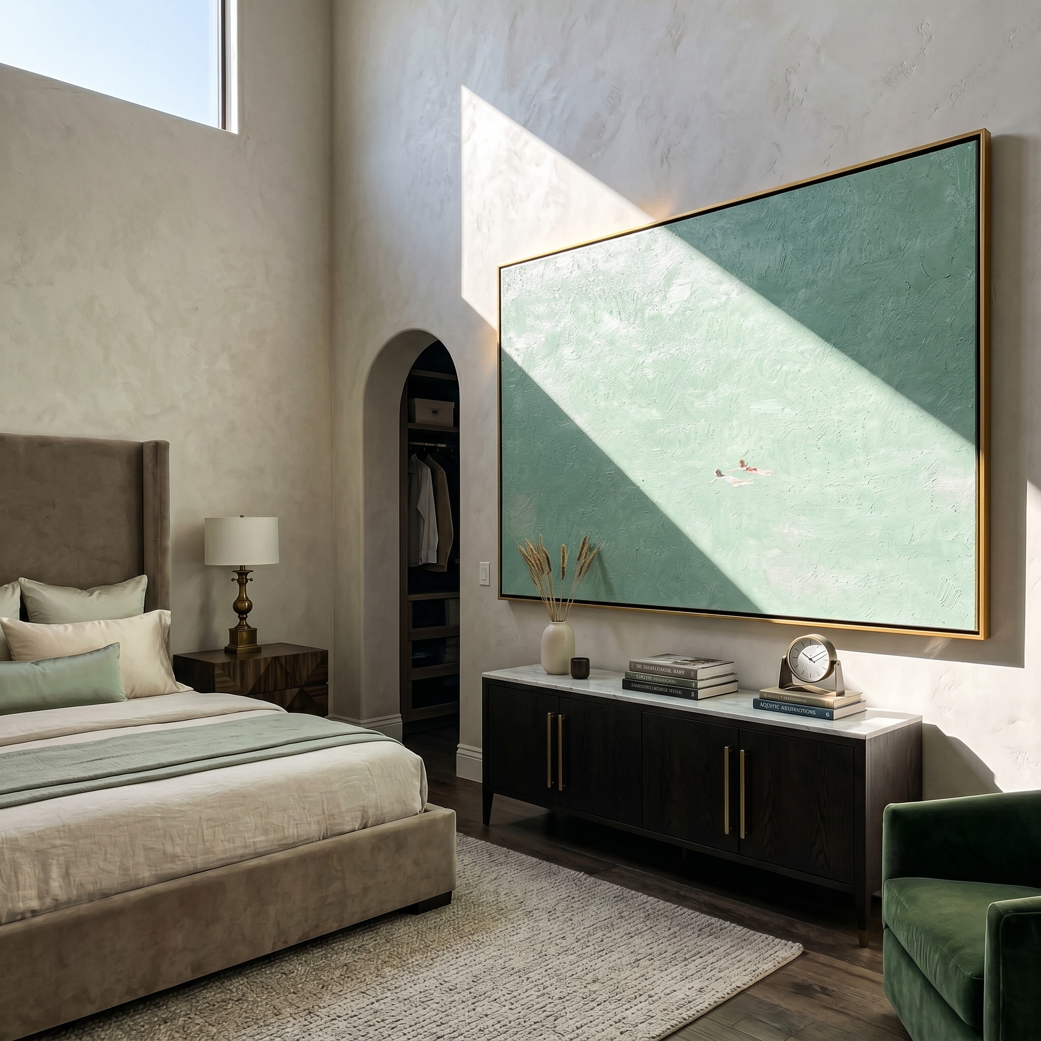 Mint Summer – Modern Minimalist Swimmers in Mint Green Canvas Art | Panoramic Landscape Living Room Art