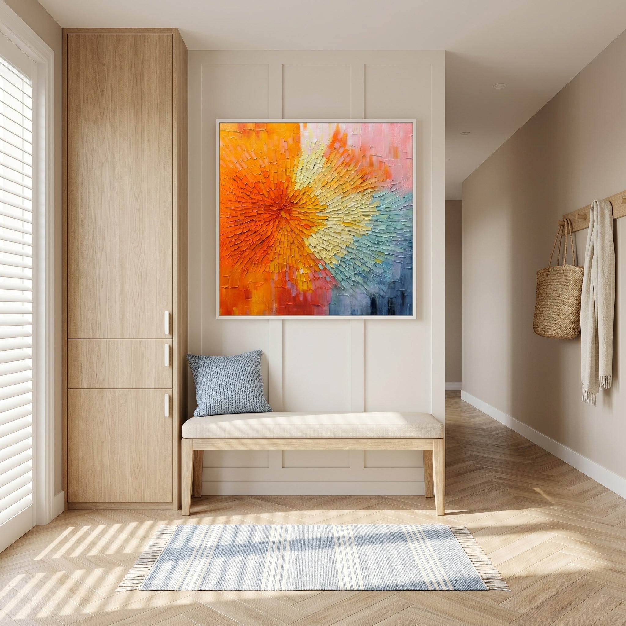 Radiant Flare – Modern Heavy Impasto Centripetal Abstract Oil Painting | Creative Vibrant Hallway Art