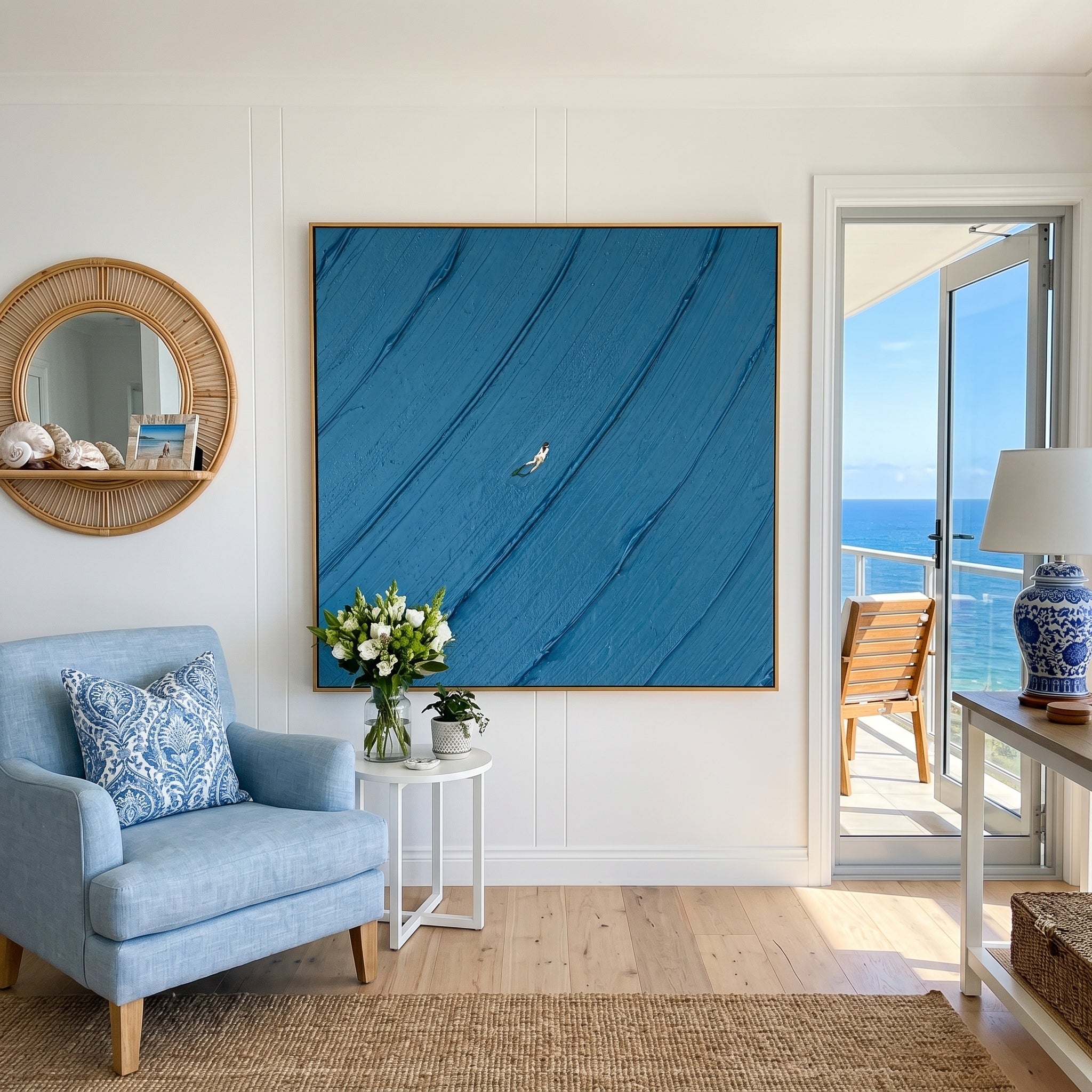 DEEP SEA ECHO – Minimalist Abstract Painting of Deep Ocean Blue | Modern Nordic-style Bedroom Art