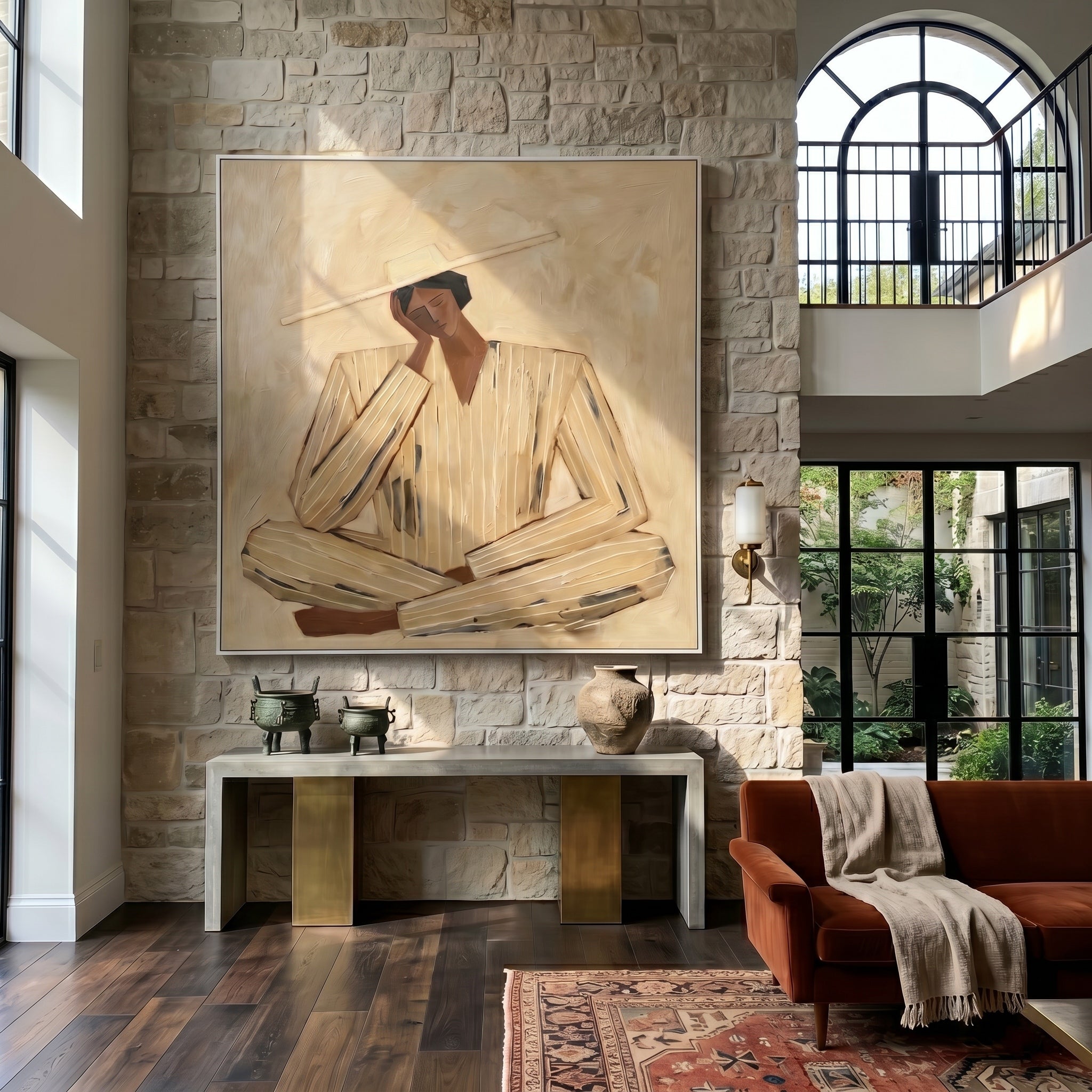 The Desert Meditative – Wabi-Sabi Heavy Textured Thinking Figure Painting | Minimalist Square Hallway Art