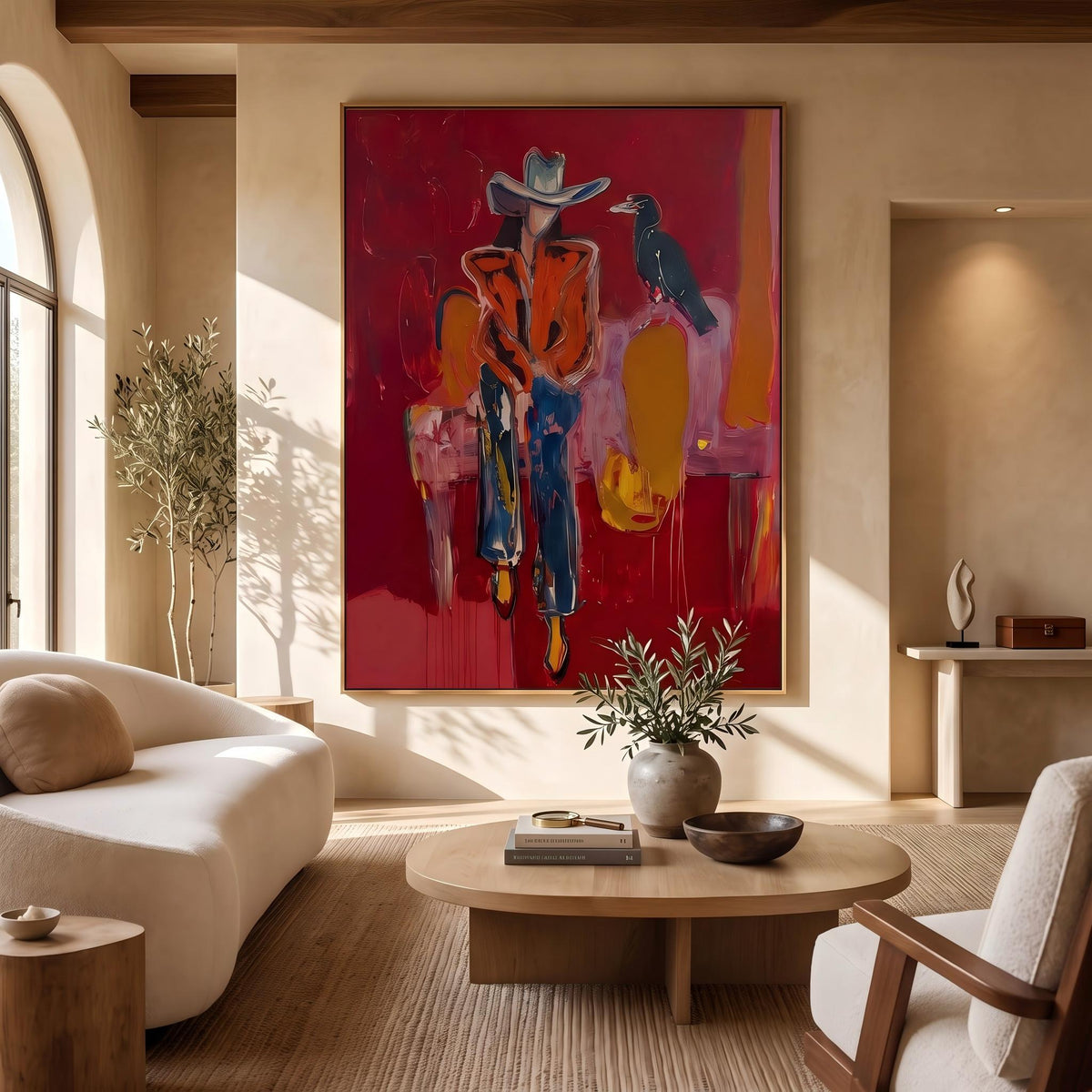 Crow Watches Scarlet Riders – Pop Art Western Figures Painting | Bold Red Vertical Wall Art