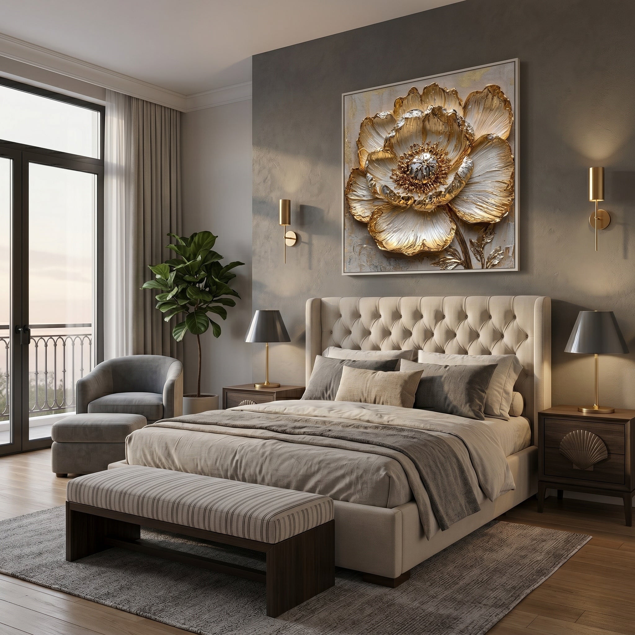 Gilded Bloom – Modern Luxury 3D Relief Oil Painting | Metallic Peony Flower Textured Bedroom Art