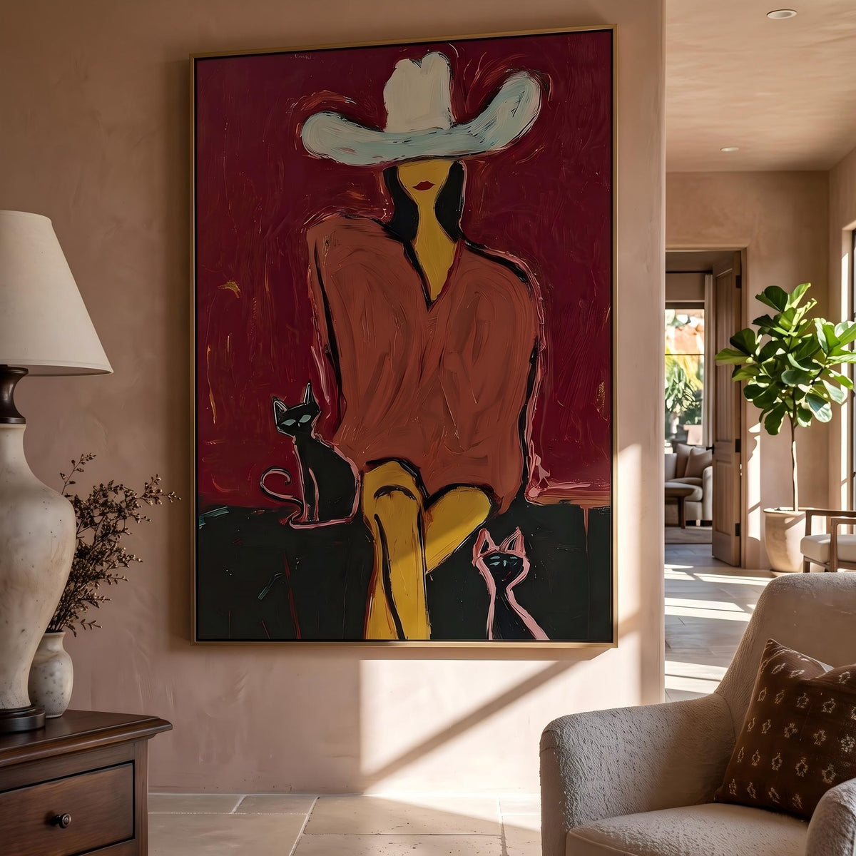 White Hat With Companions – Pop Art Cowboy and Pets Painting | Bold Red Vertical Wall Art