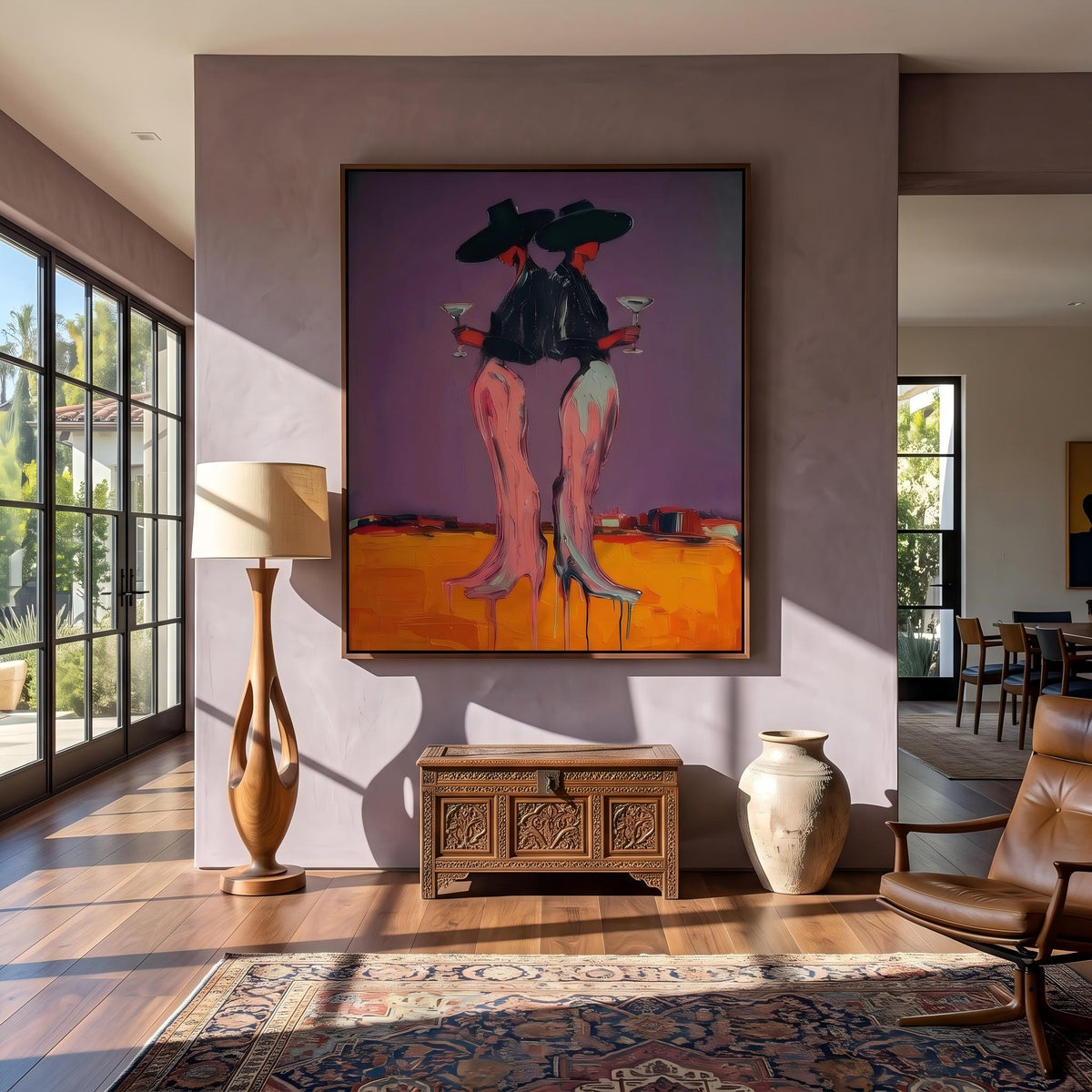 Two Cowgirls After Sunset – Pop Art Western Women Painting | Bold Purple Vertical Wall Art