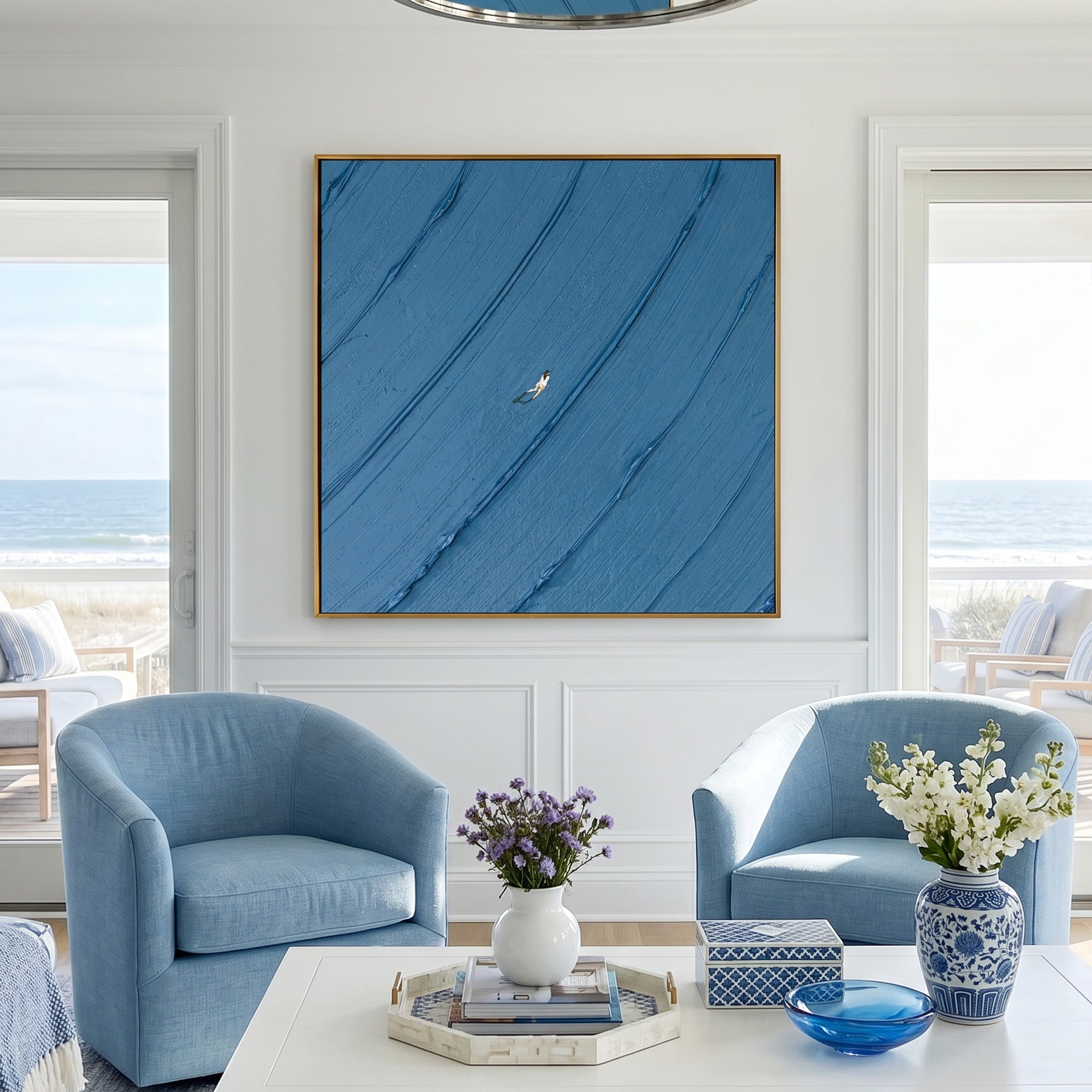 DEEP SEA ECHO – Minimalist Abstract Painting of Deep Ocean Blue | Modern Nordic-style Bedroom Art