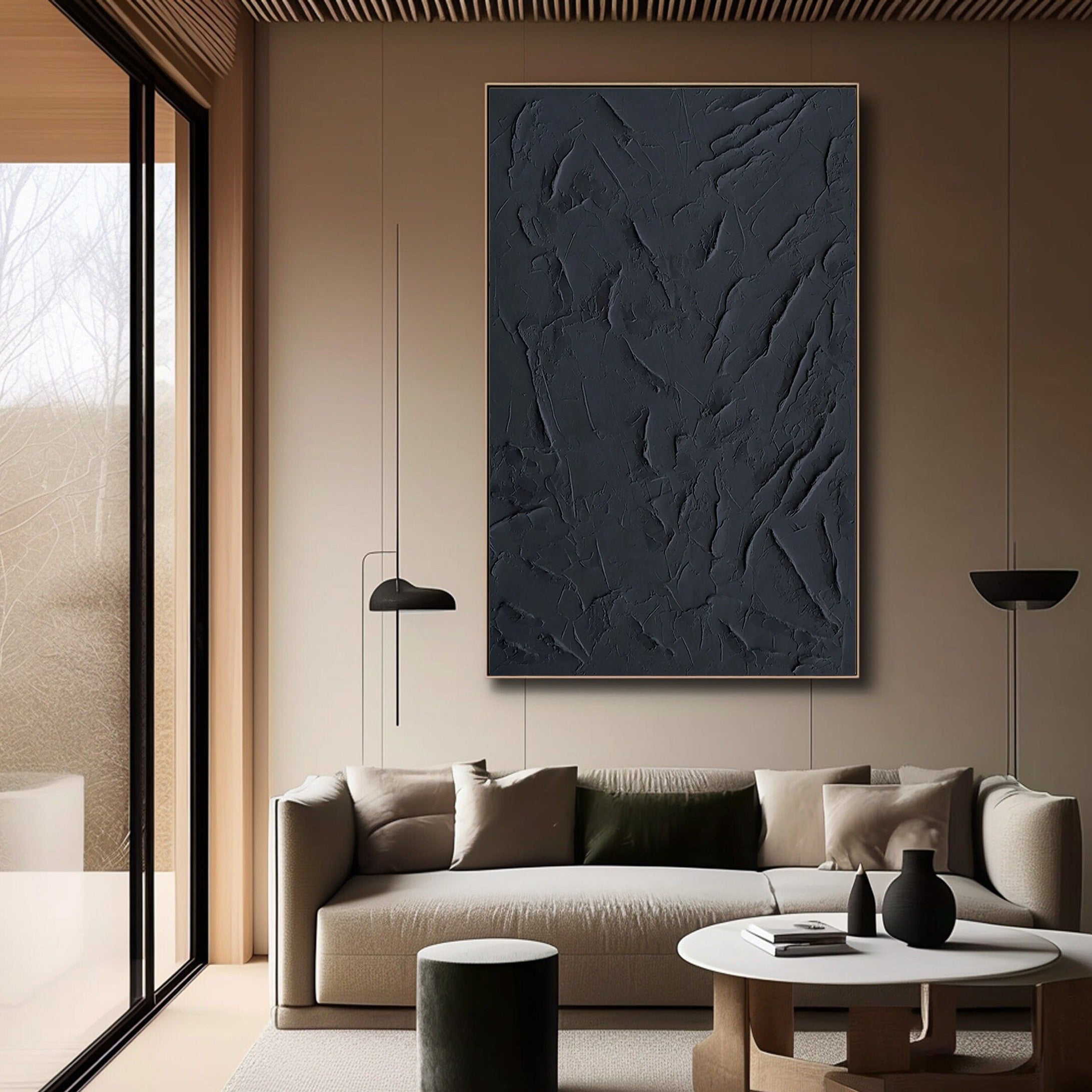 Onyx Silence – Minimalist Deep Black Abstract Plaster Relief Painting | Minimalist Sculpted Plaster Studio Art