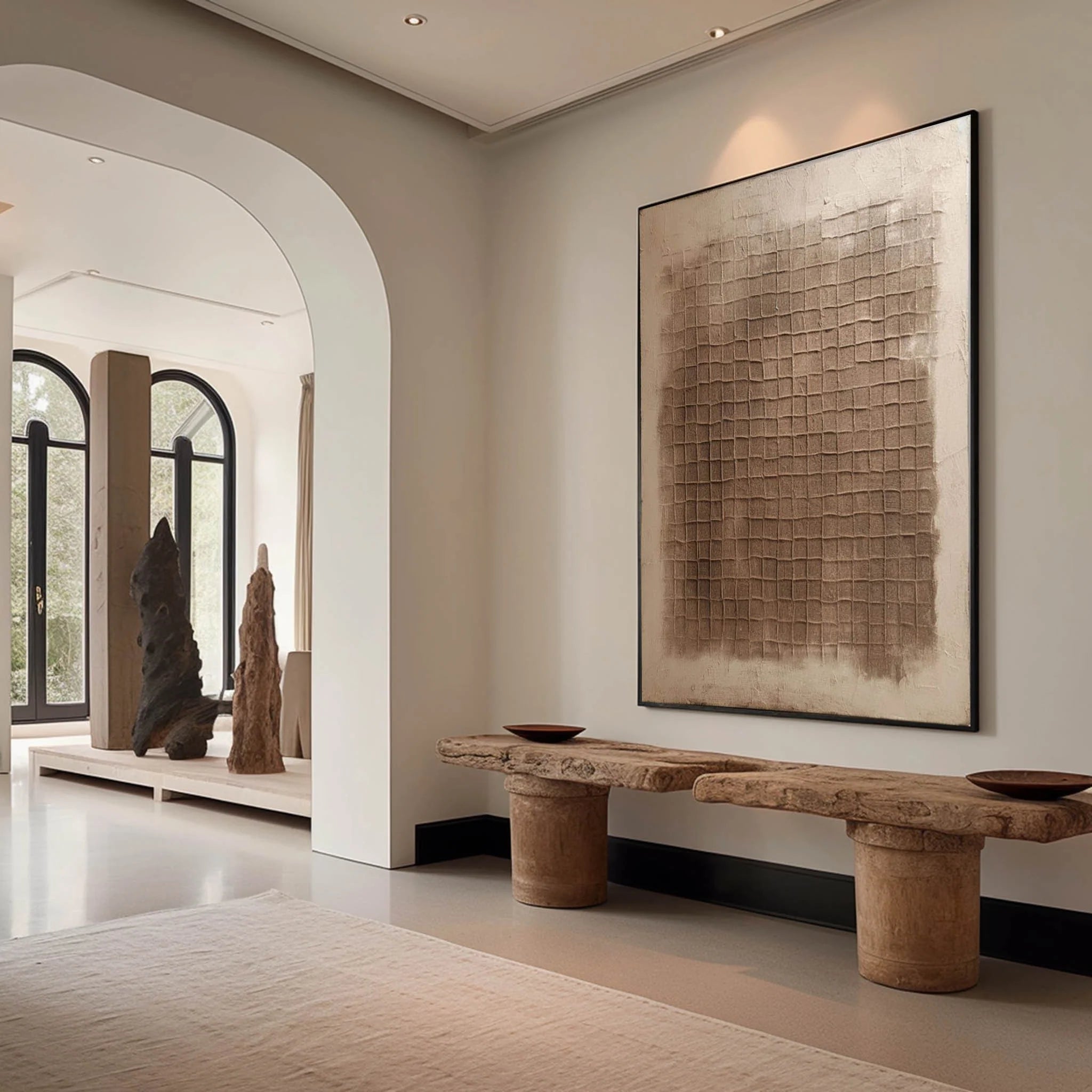 Ancient Texture – Earthy Tone Plaster Relief Grid Wabi-Sabi Painting | Japandi Organic Wabi-Sabi Living Room & Hallway Art