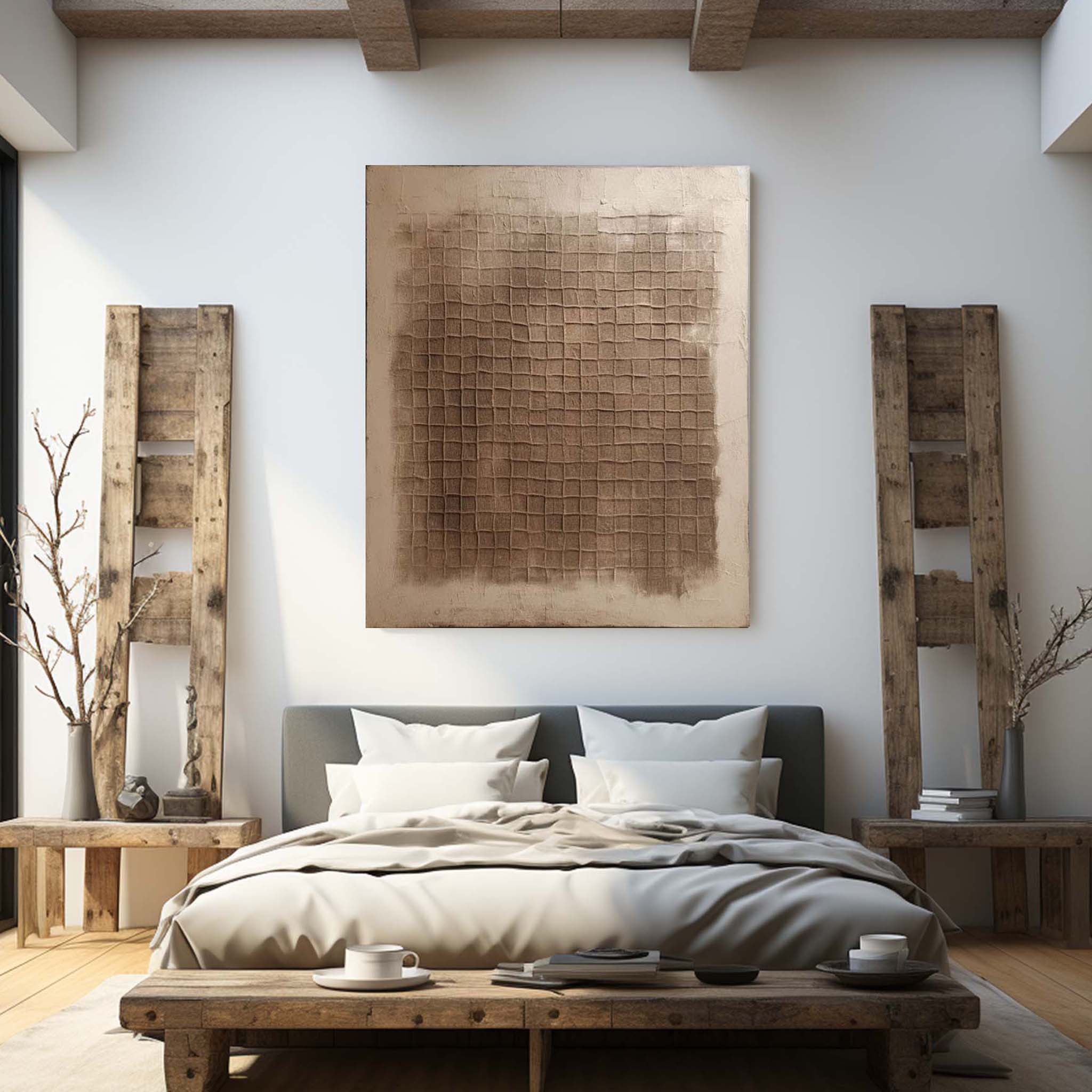 Ancient Texture – Earthy Tone Plaster Relief Grid Wabi-Sabi Painting | Japandi Organic Wabi-Sabi Living Room & Hallway Art