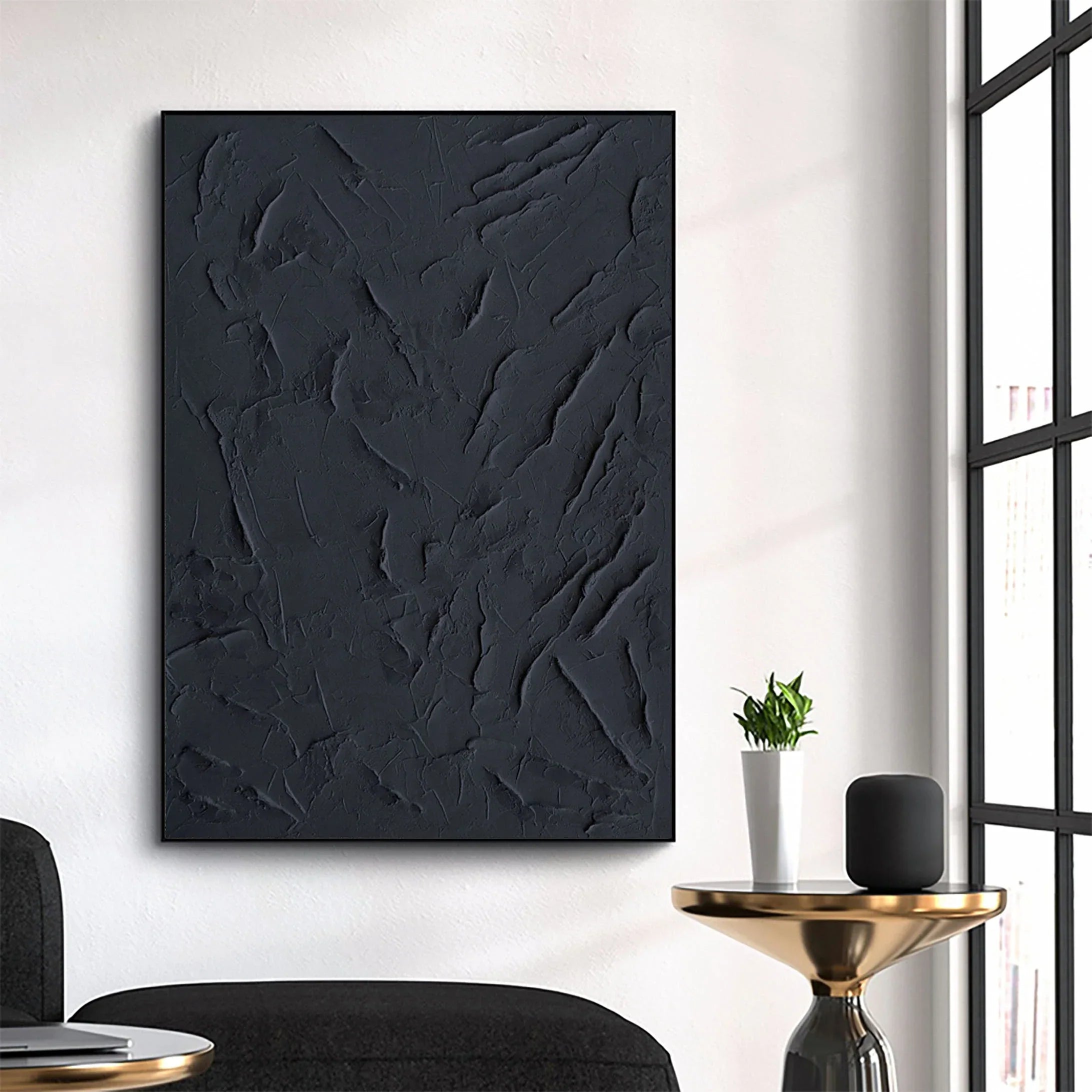 Onyx Silence – Minimalist Deep Black Abstract Plaster Relief Painting | Minimalist Sculpted Plaster Studio Art