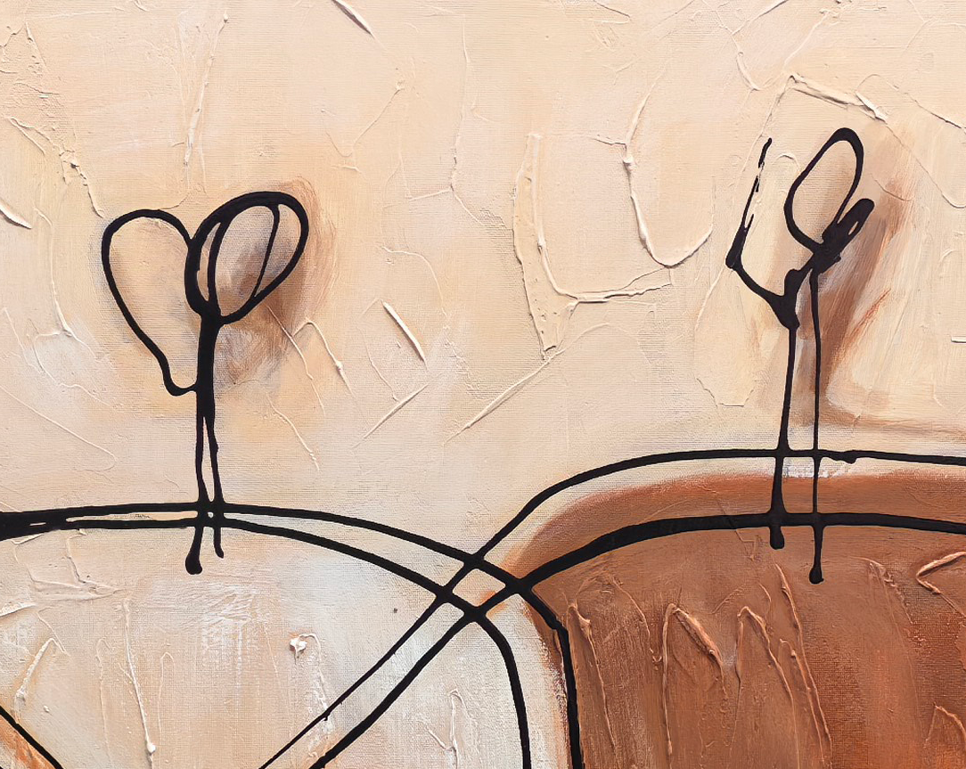Linked Silhouettes – Minimalist Cream Line-Figure Painting | Modern Neutral Living Room Art