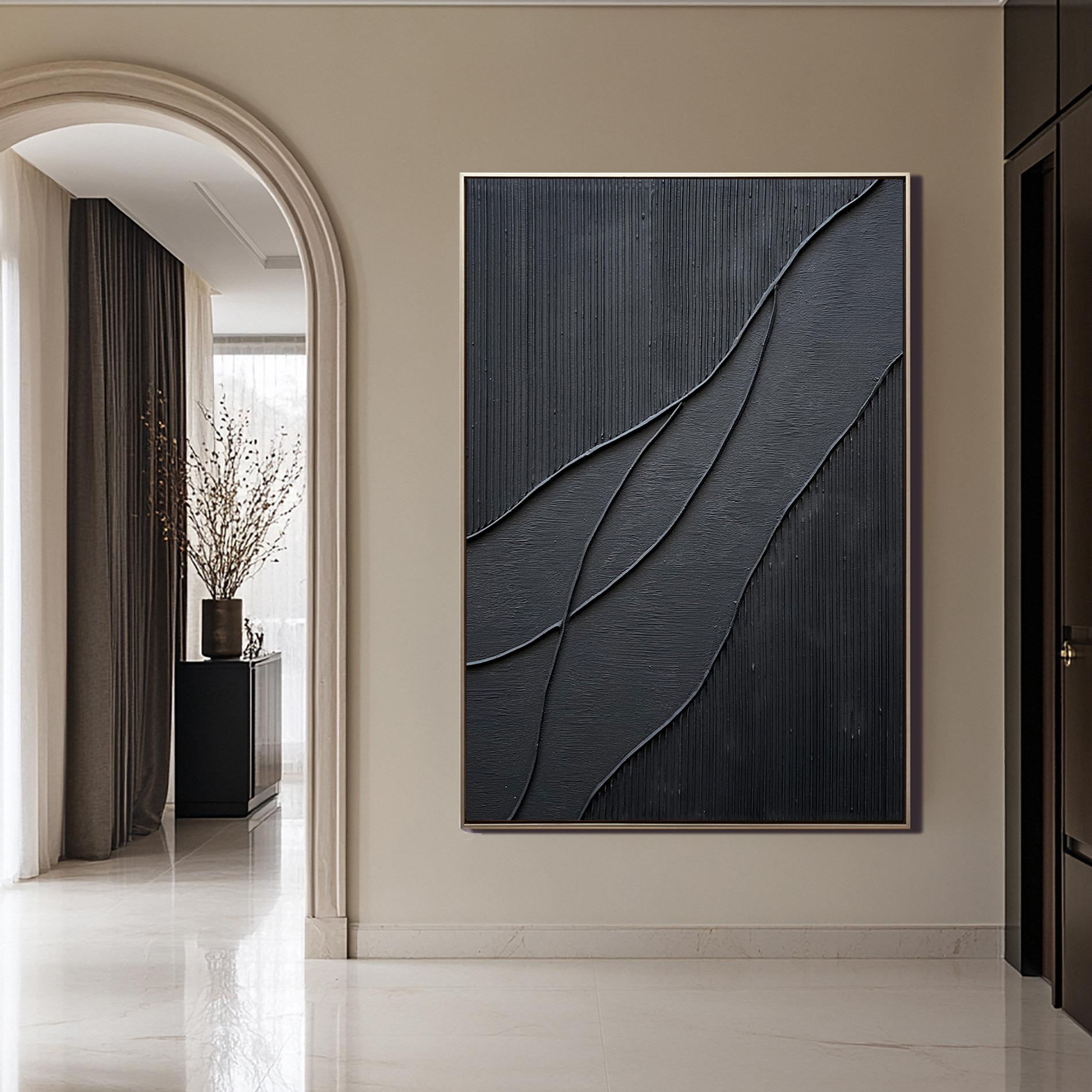 Midnight Flow – Minimalist Black Wave Relief Texture Painting | Modern Minimalist Bedroom & Home Office Art